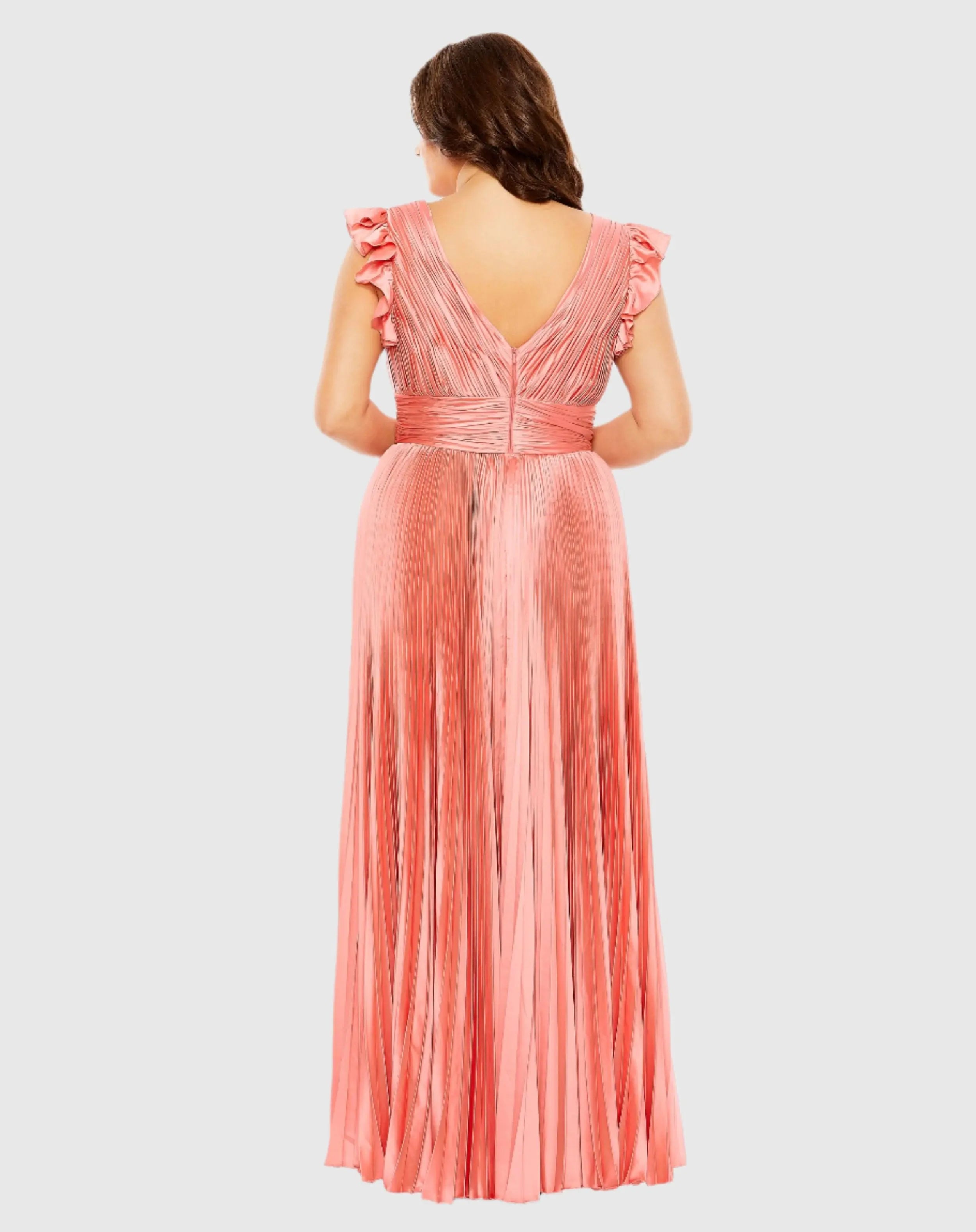 Pink Flutter Sleeve Pleated V-Neck Gown (Plus)-Myartka