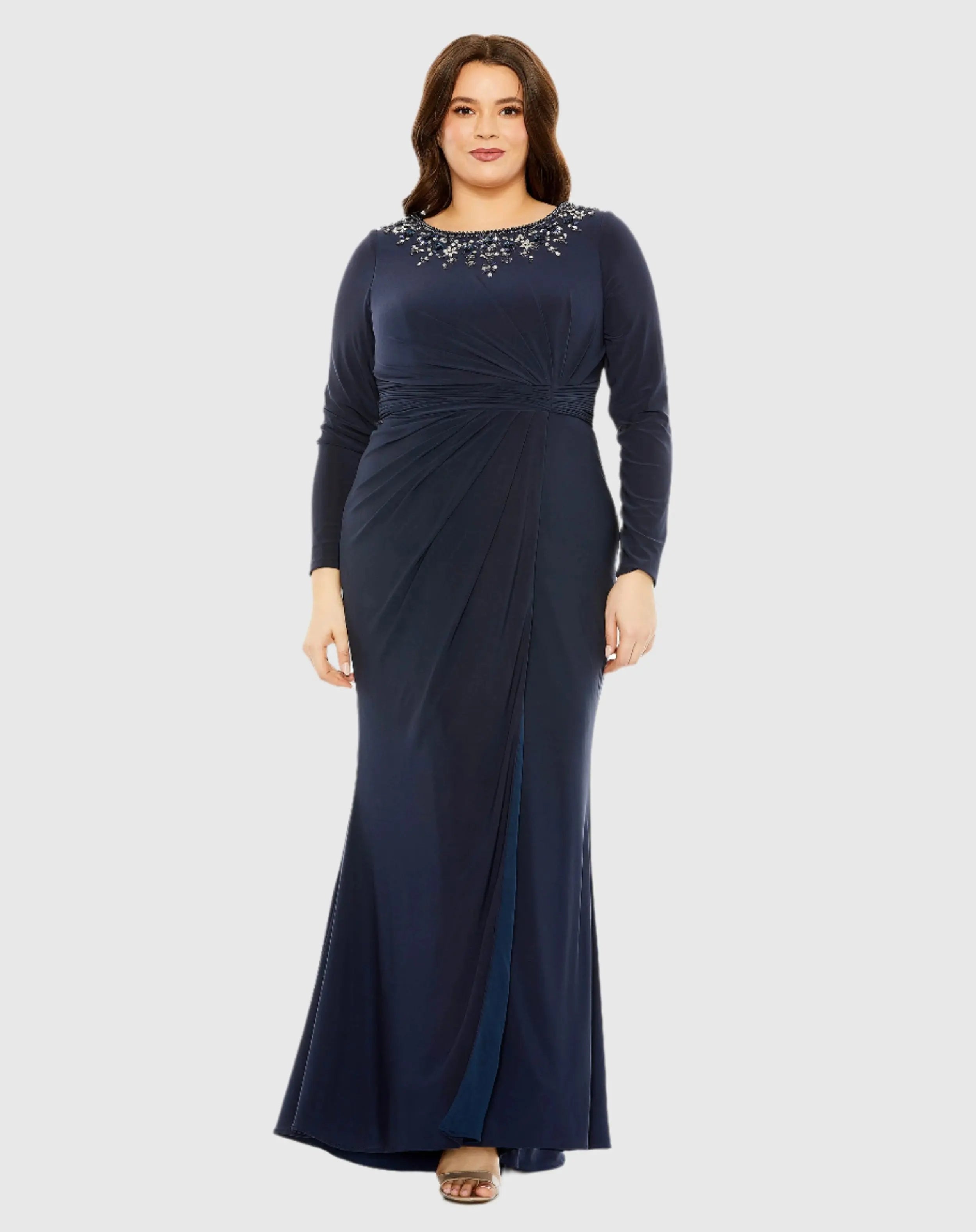 Navy Long Sleeve Embellished Neckline Jersey Gown - FINAL SALE-Myartka