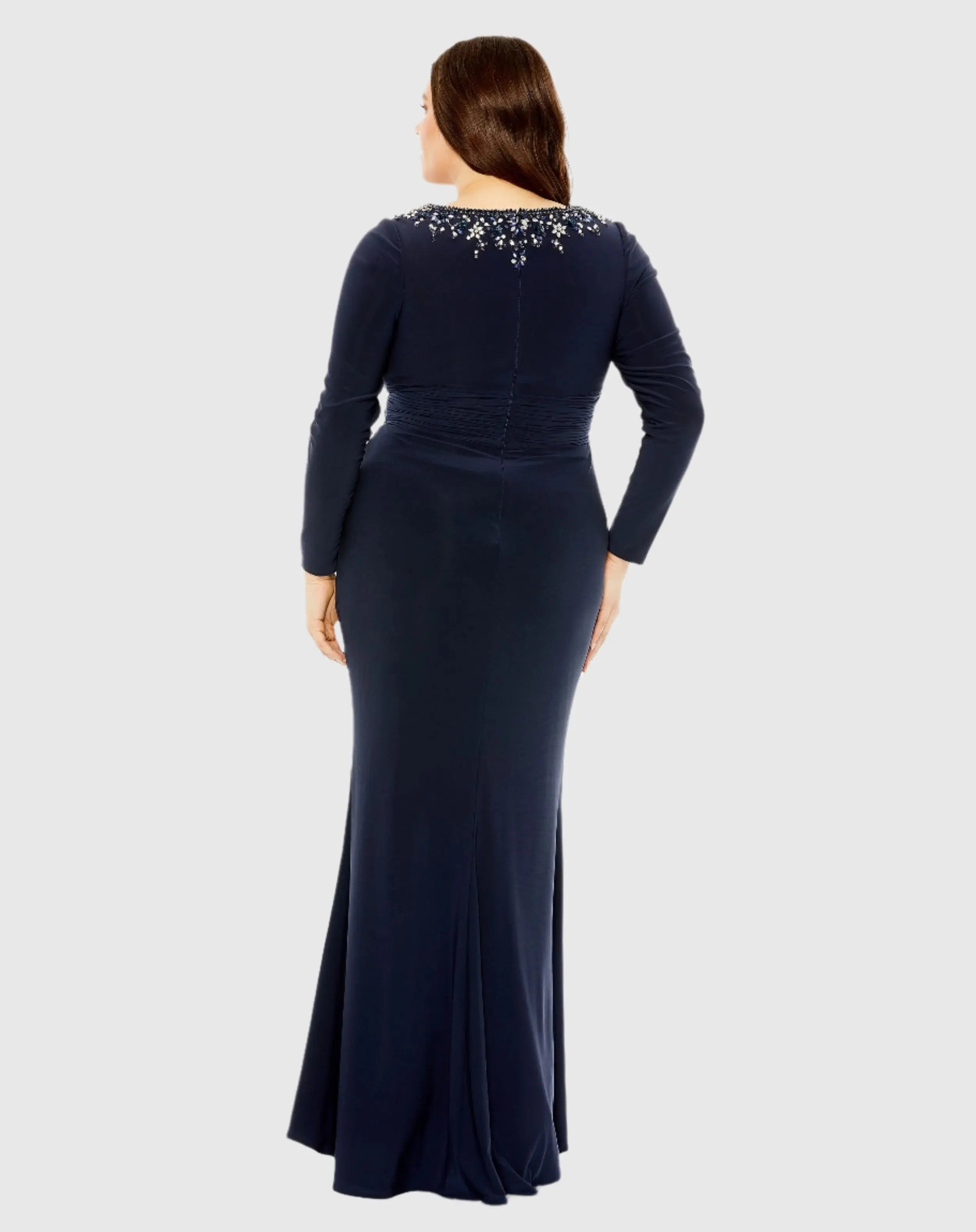 Navy Long Sleeve Embellished Neckline Jersey Gown - FINAL SALE-Myartka