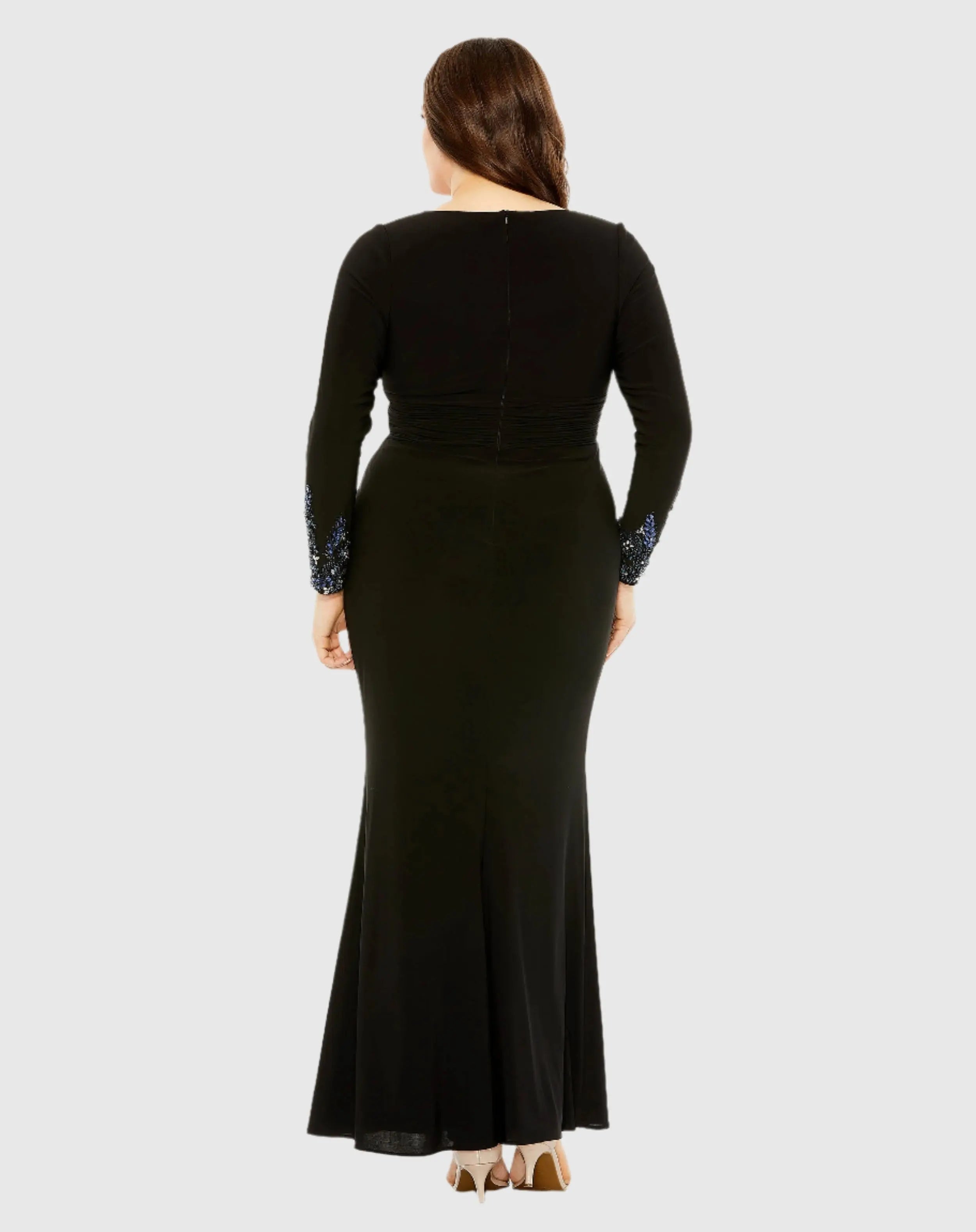Black Long Crystal Detail Sleeve V Neck Gown-Myartka