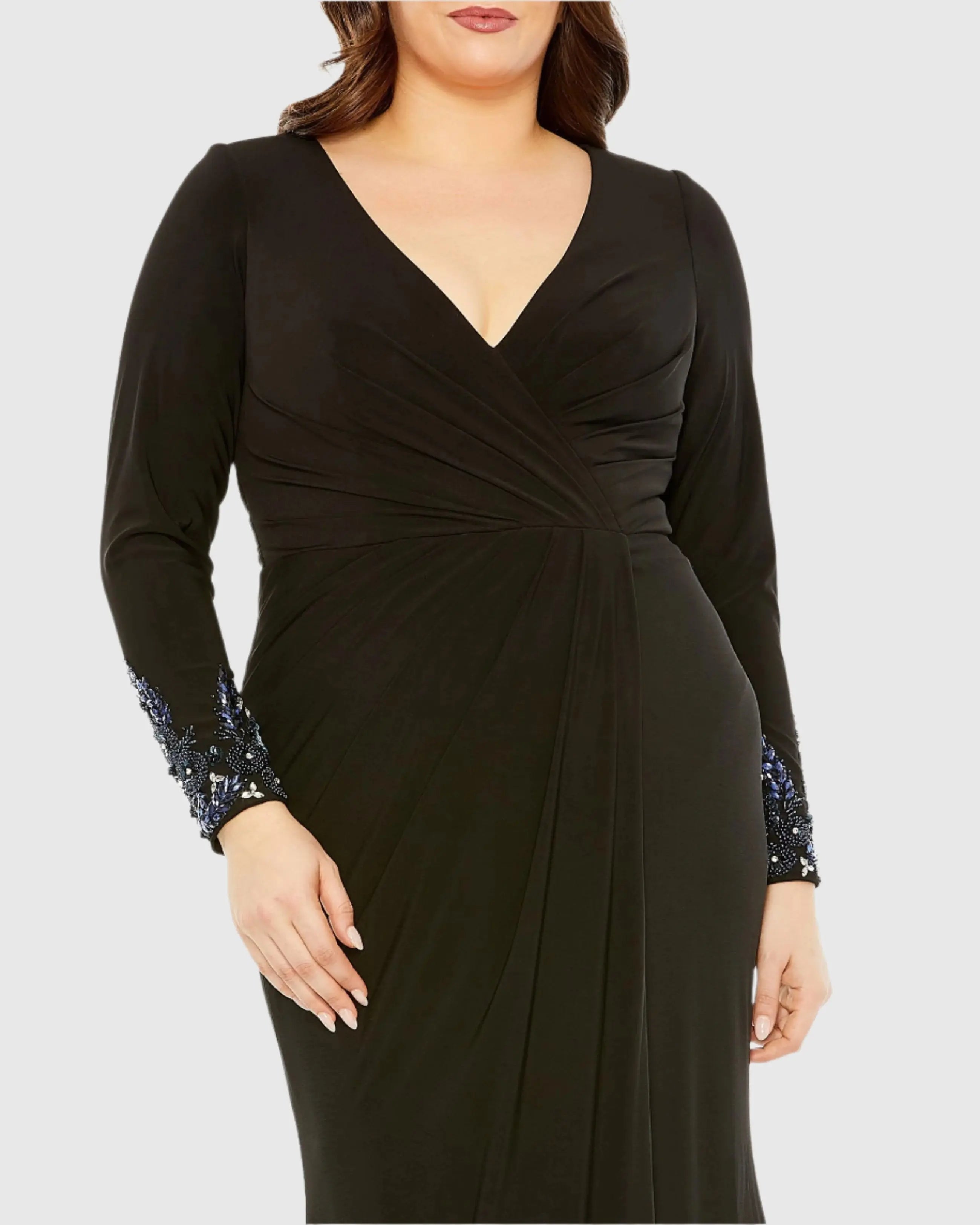 Black Long Crystal Detail Sleeve V Neck Gown-Myartka