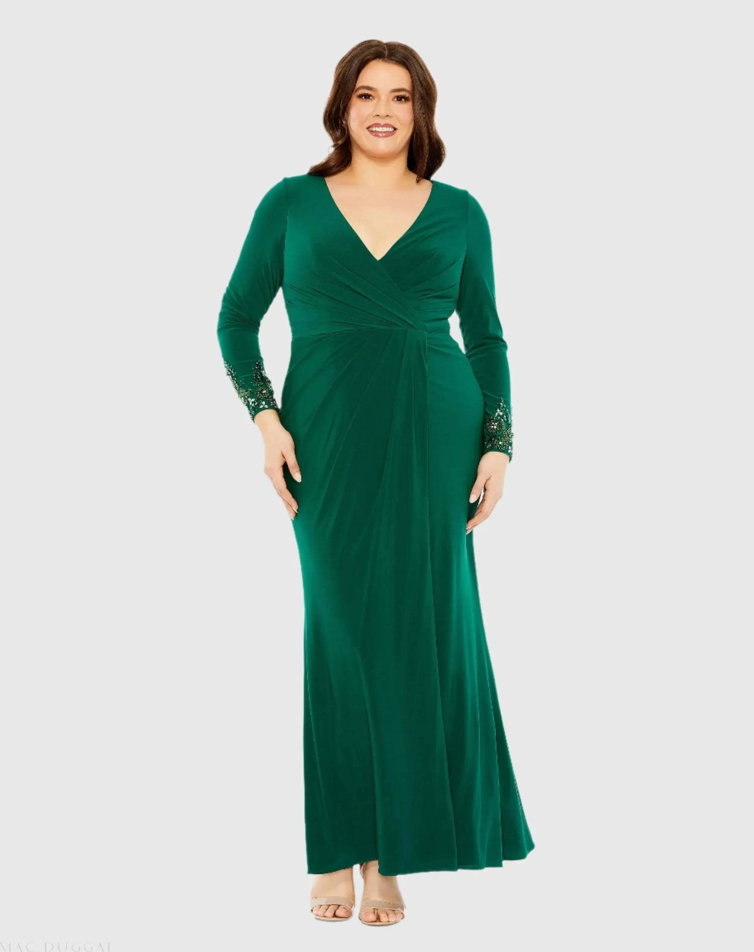 Long Crystal Detail Sleeve V Neck Gown-Myartka