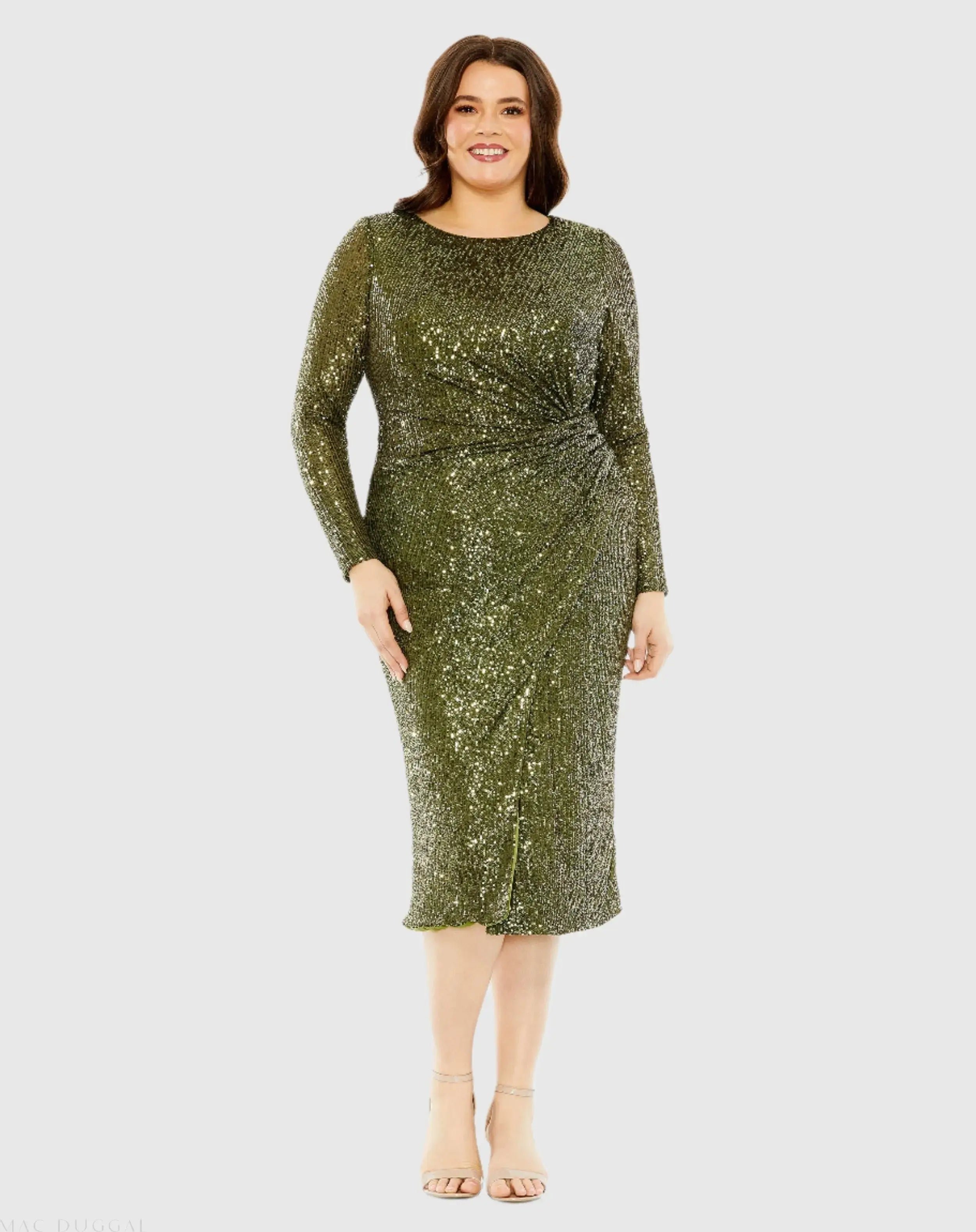 Green Long Sleeve Sequin Gathered Waist Dress - FINAL SALE-Myartka