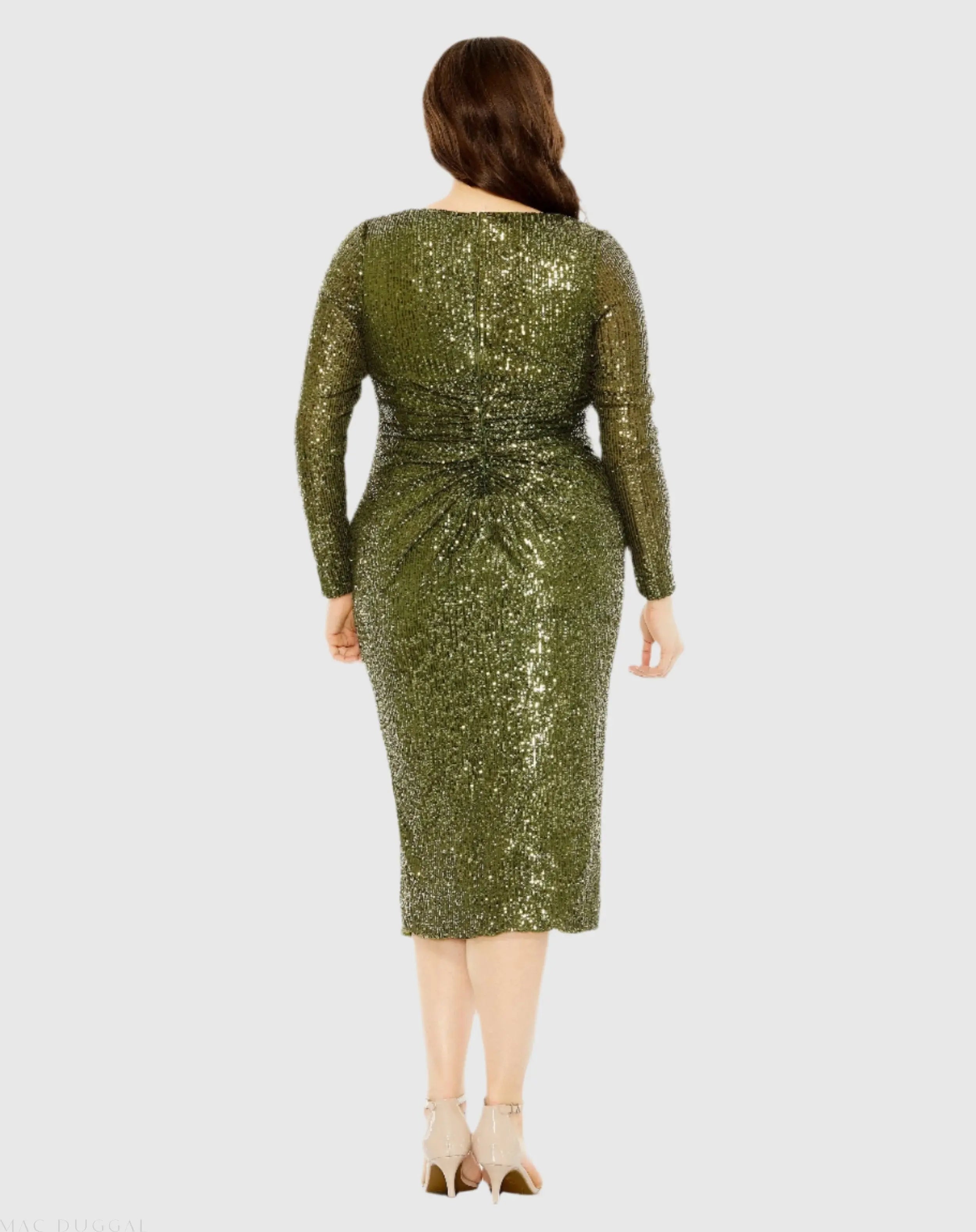Green Long Sleeve Sequin Gathered Waist Dress - FINAL SALE-Myartka