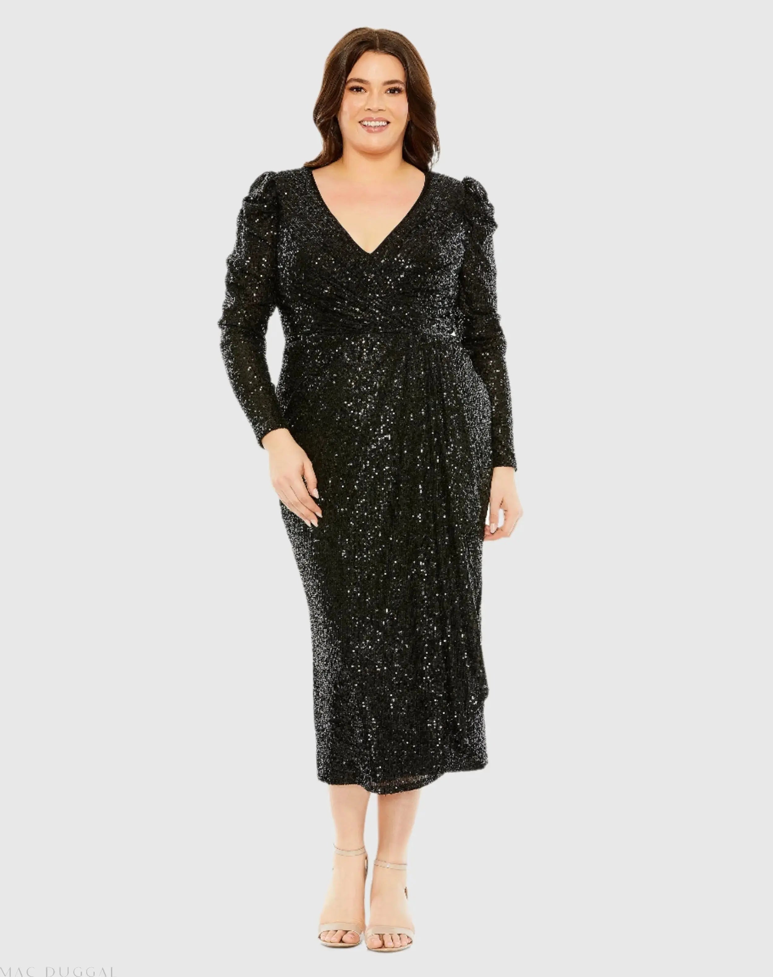 Princess Long Sleeve V Neck Sequin Dress-Myartka