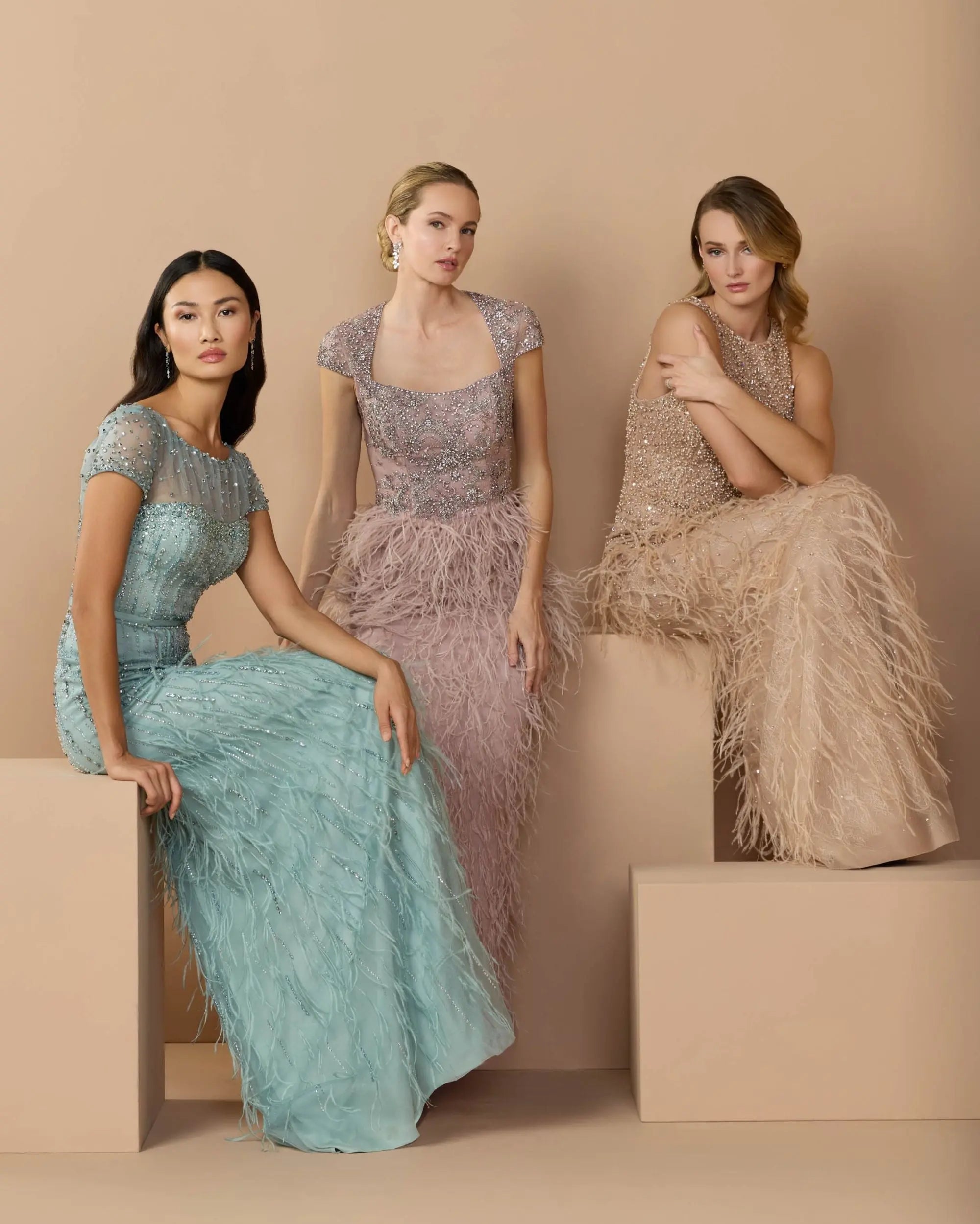 Blue Rhinestone Embellished Illusion Neck Feather Gown-Myartka