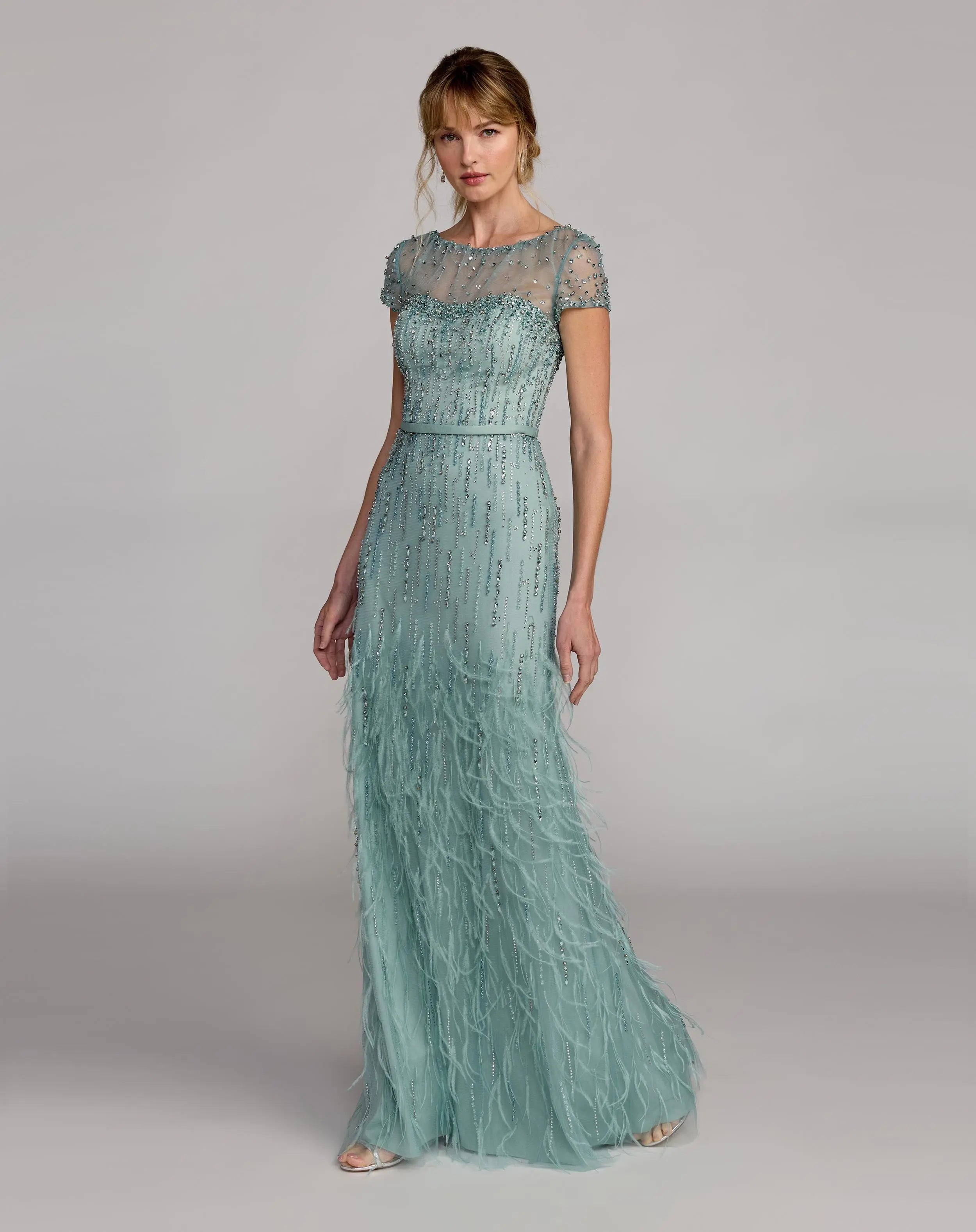 Blue Rhinestone Embellished Illusion Neck Feather Gown-Myartka