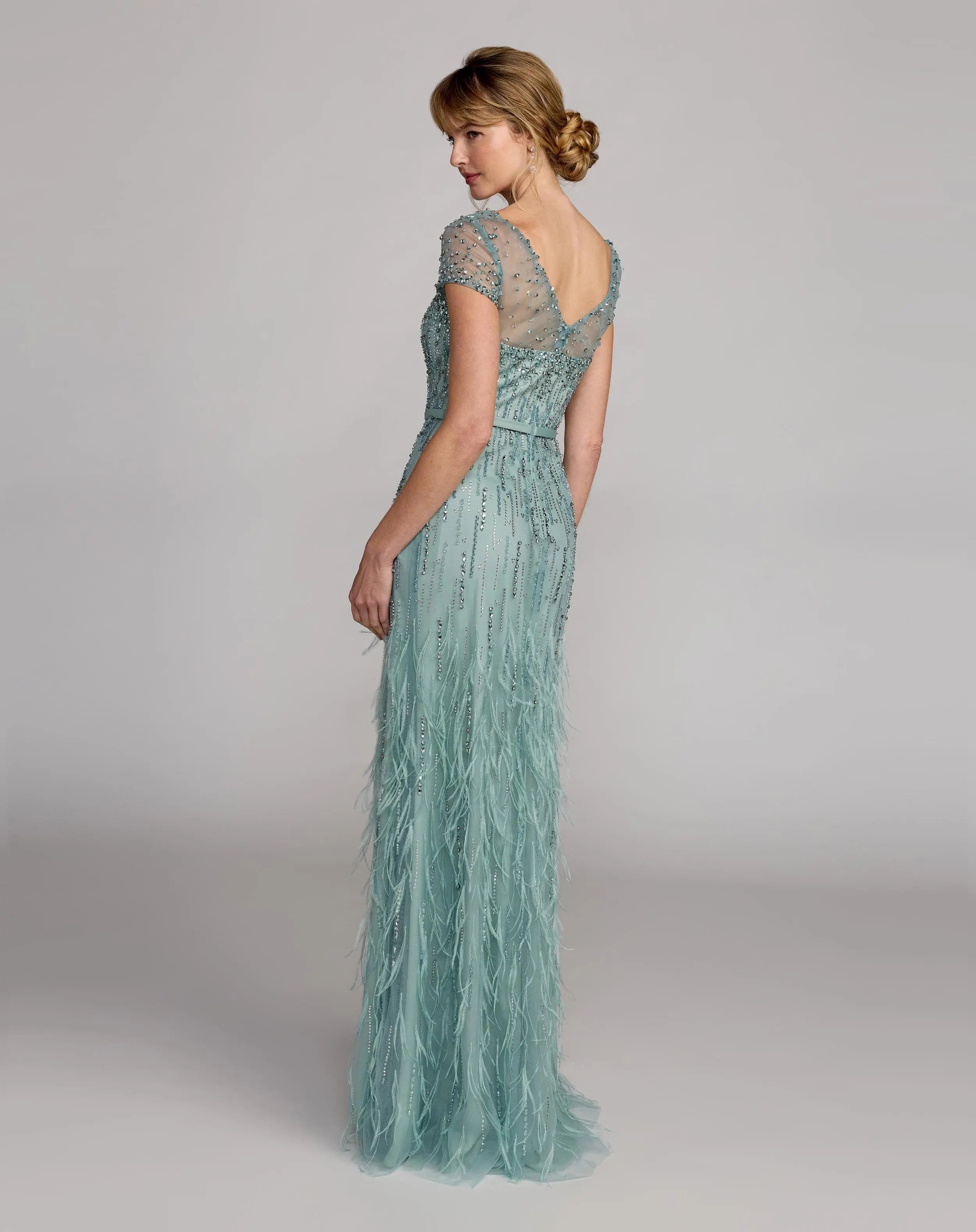Blue Rhinestone Embellished Illusion Neck Feather Gown-Myartka