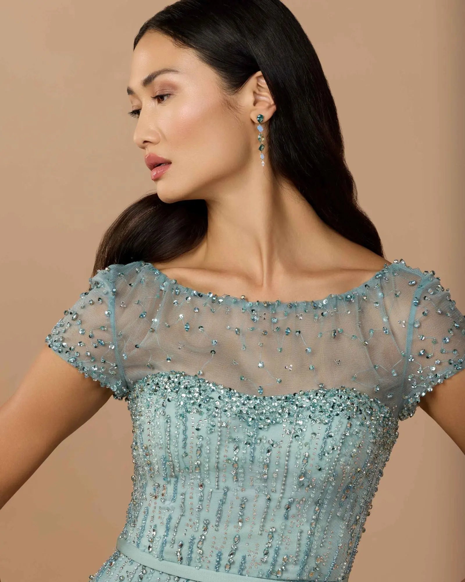 Blue Rhinestone Embellished Illusion Neck Feather Gown-Myartka