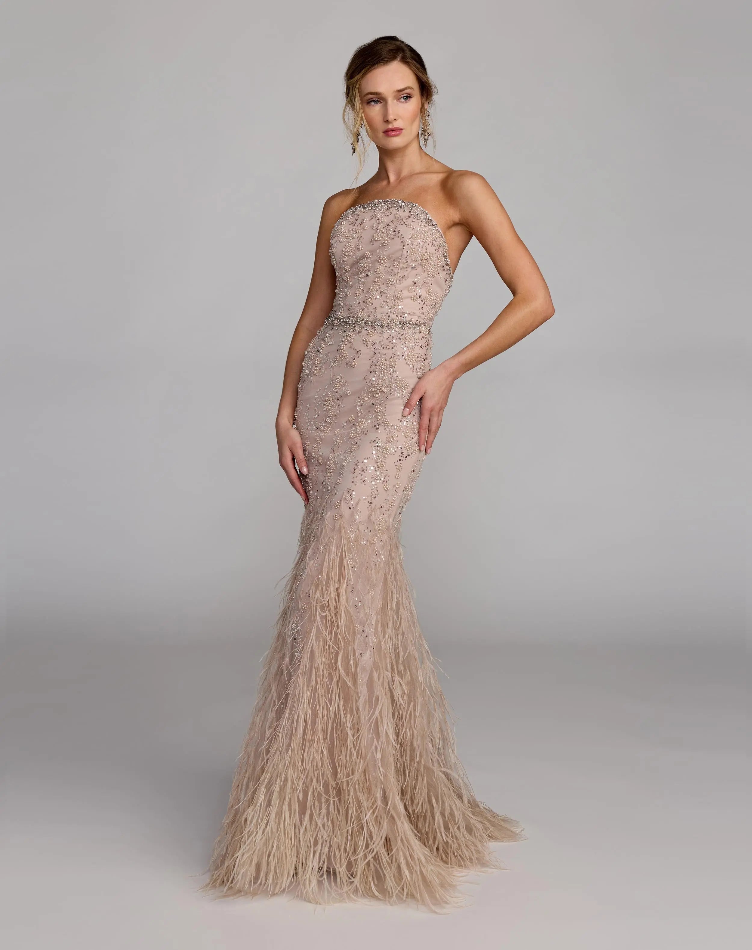 Beige Strapless Embellished Mermaid Gown With Feather Hem-Myartka