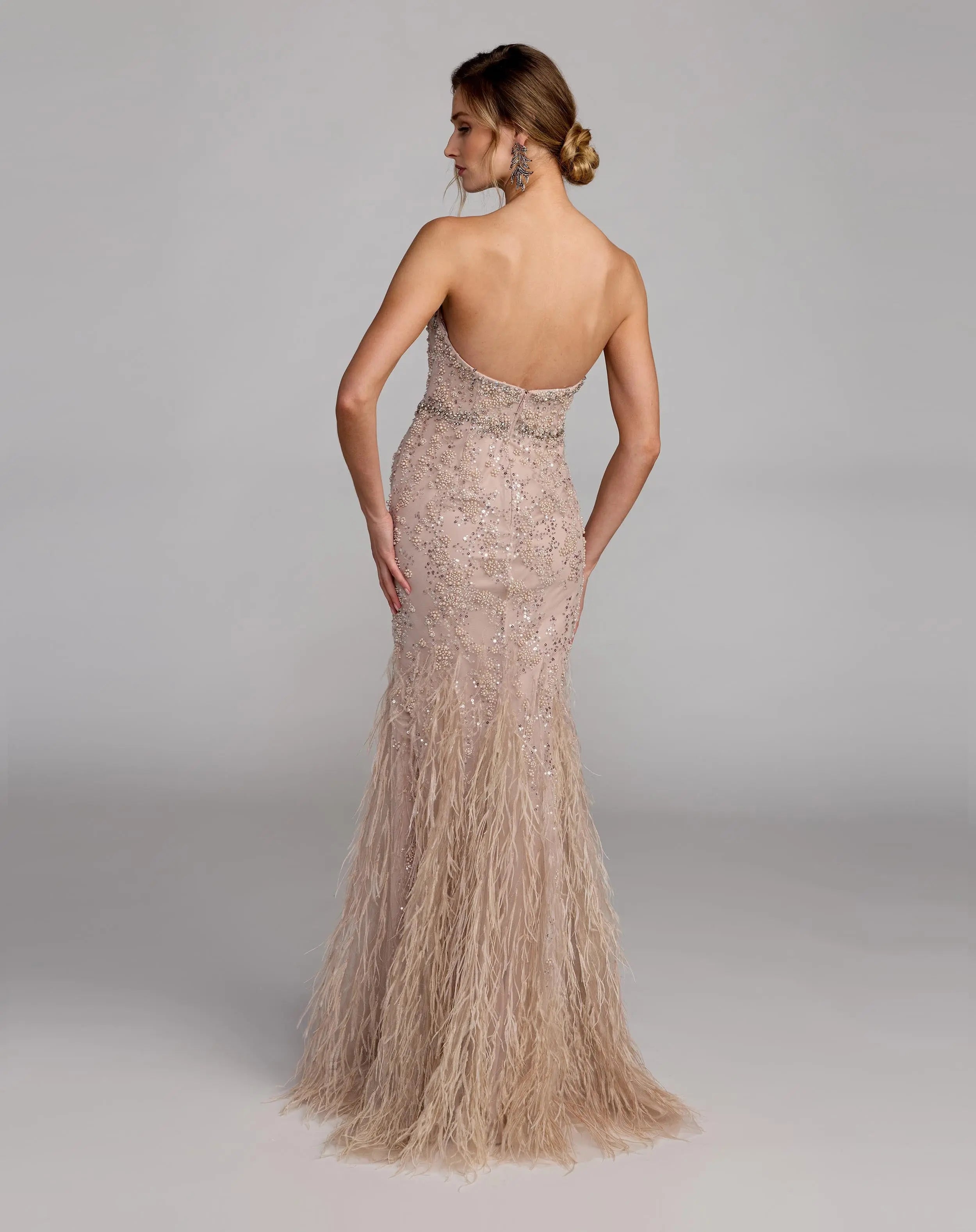 Beige Strapless Embellished Mermaid Gown With Feather Hem-Myartka