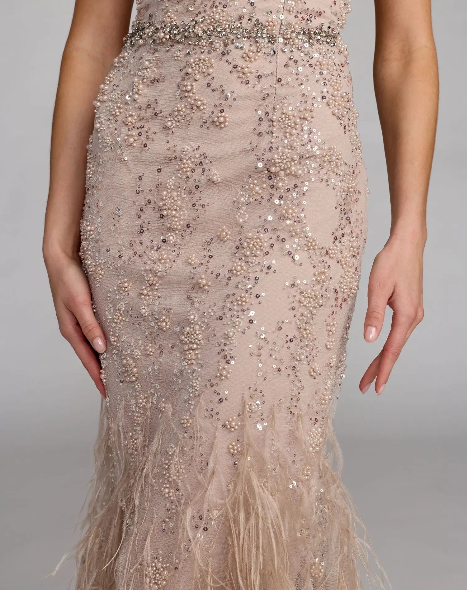 Beige Strapless Embellished Mermaid Gown With Feather Hem-Myartka