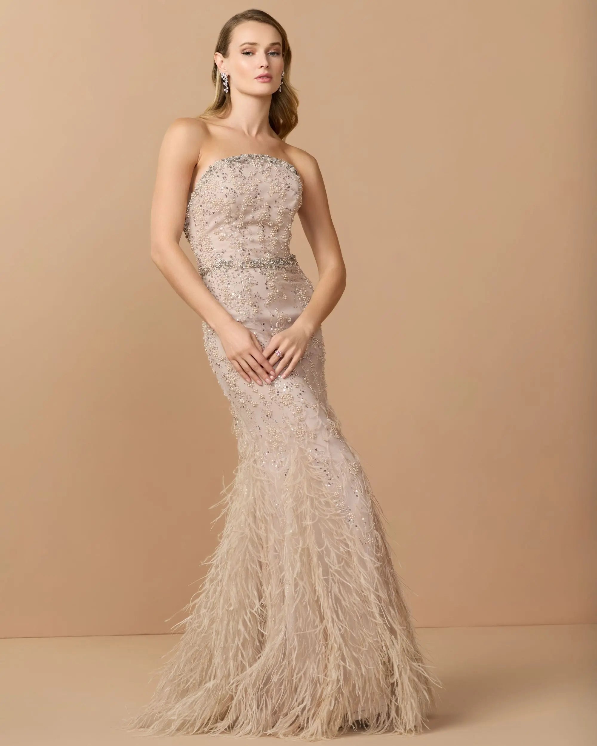 Beige Strapless Embellished Mermaid Gown With Feather Hem-Myartka