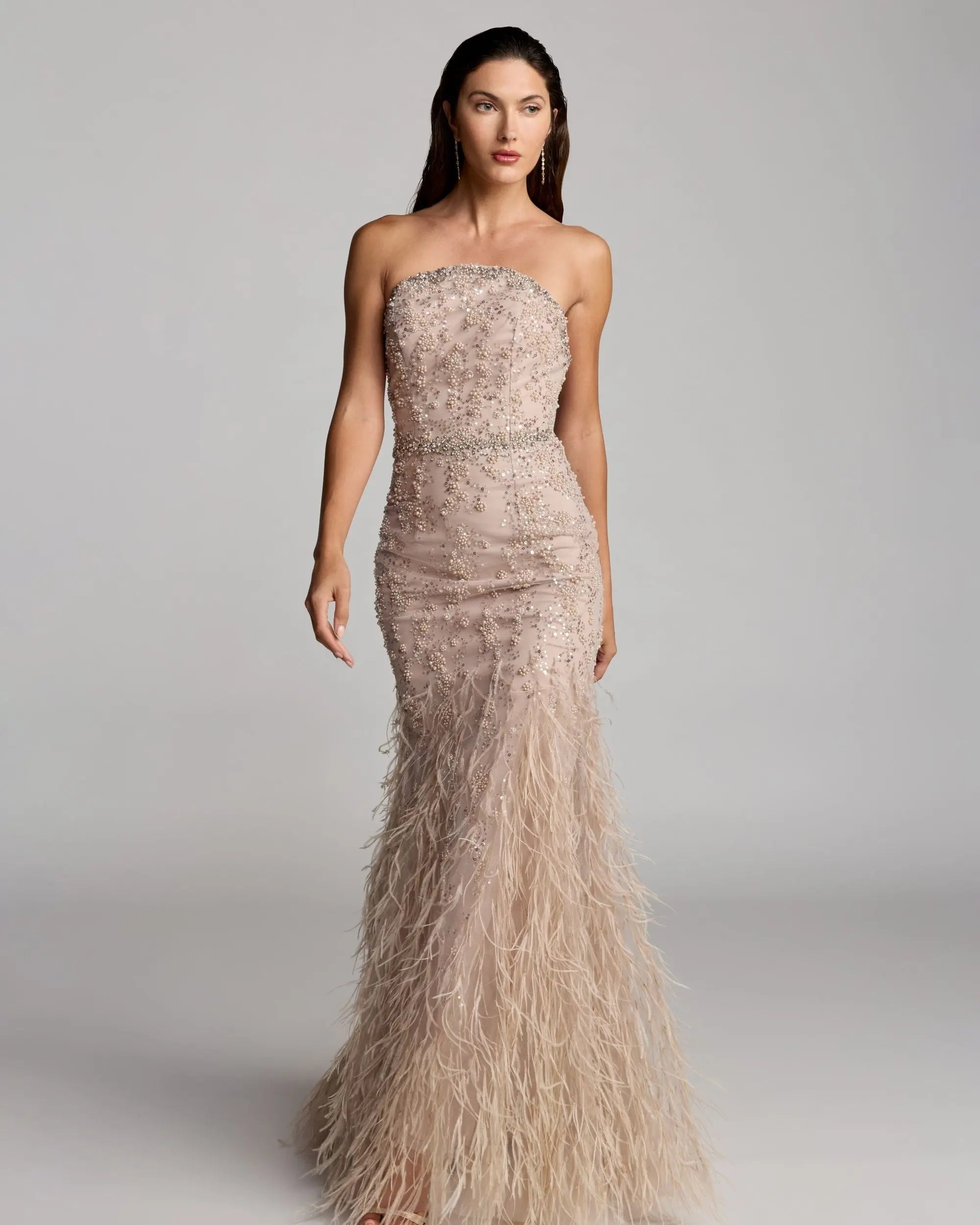 Beige Strapless Embellished Mermaid Gown With Feather Hem-Myartka