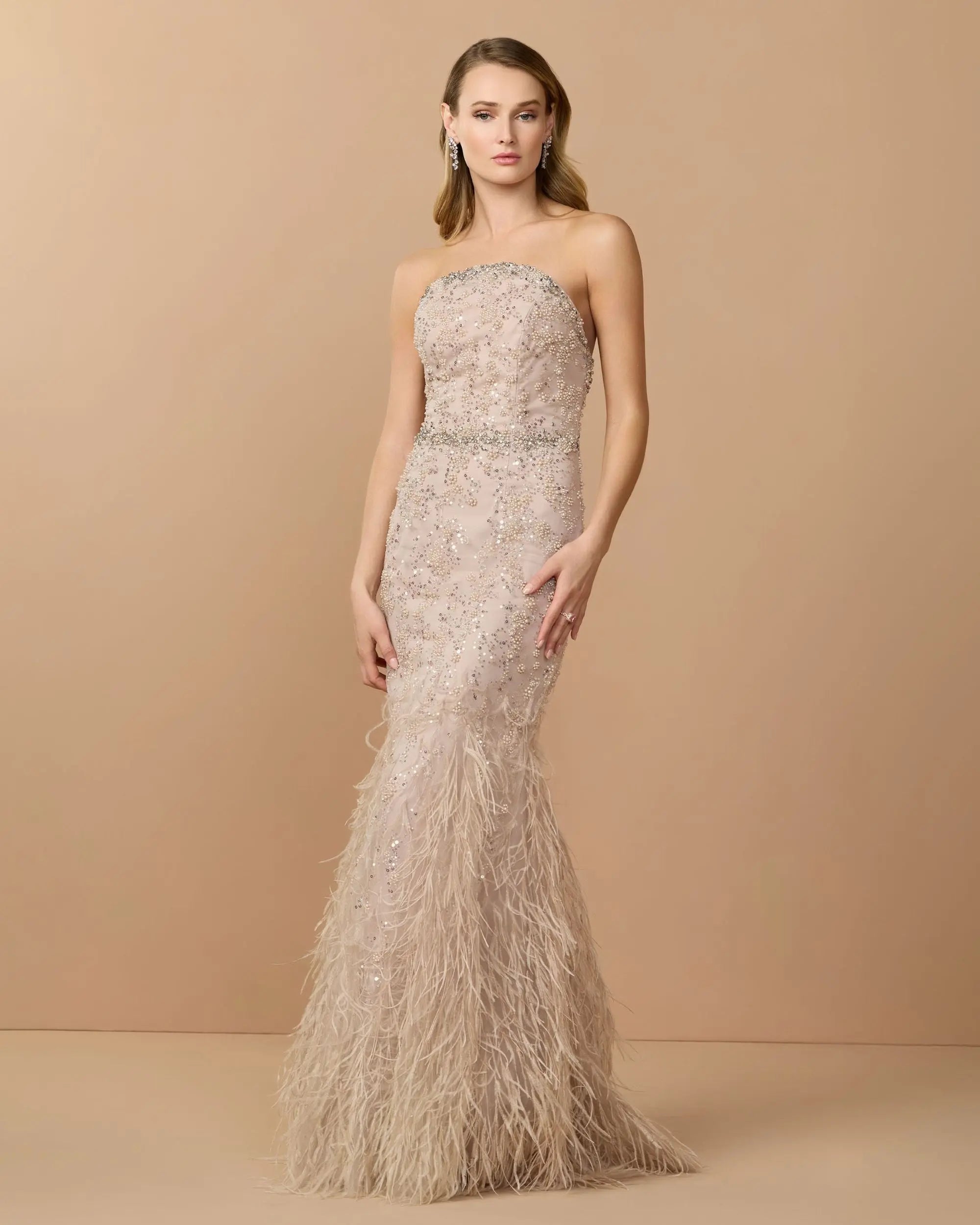 Beige Strapless Embellished Mermaid Gown With Feather Hem-Myartka