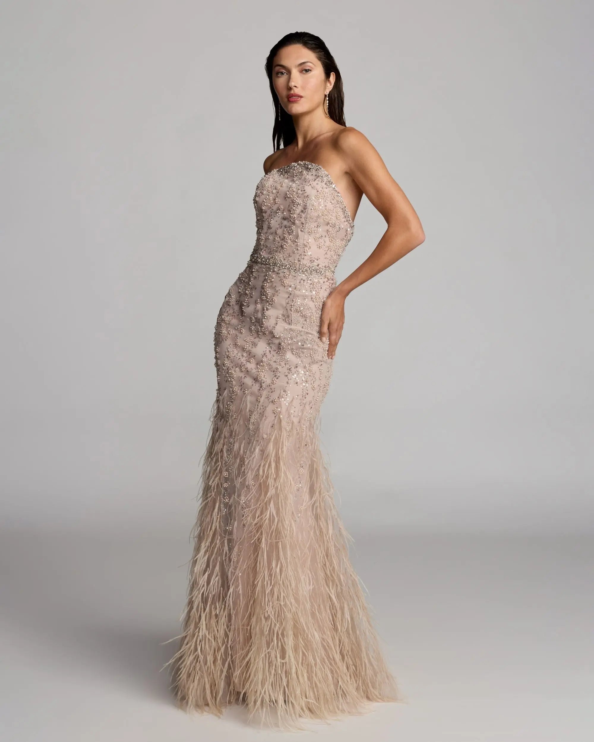 Beige Strapless Embellished Mermaid Gown With Feather Hem-Myartka