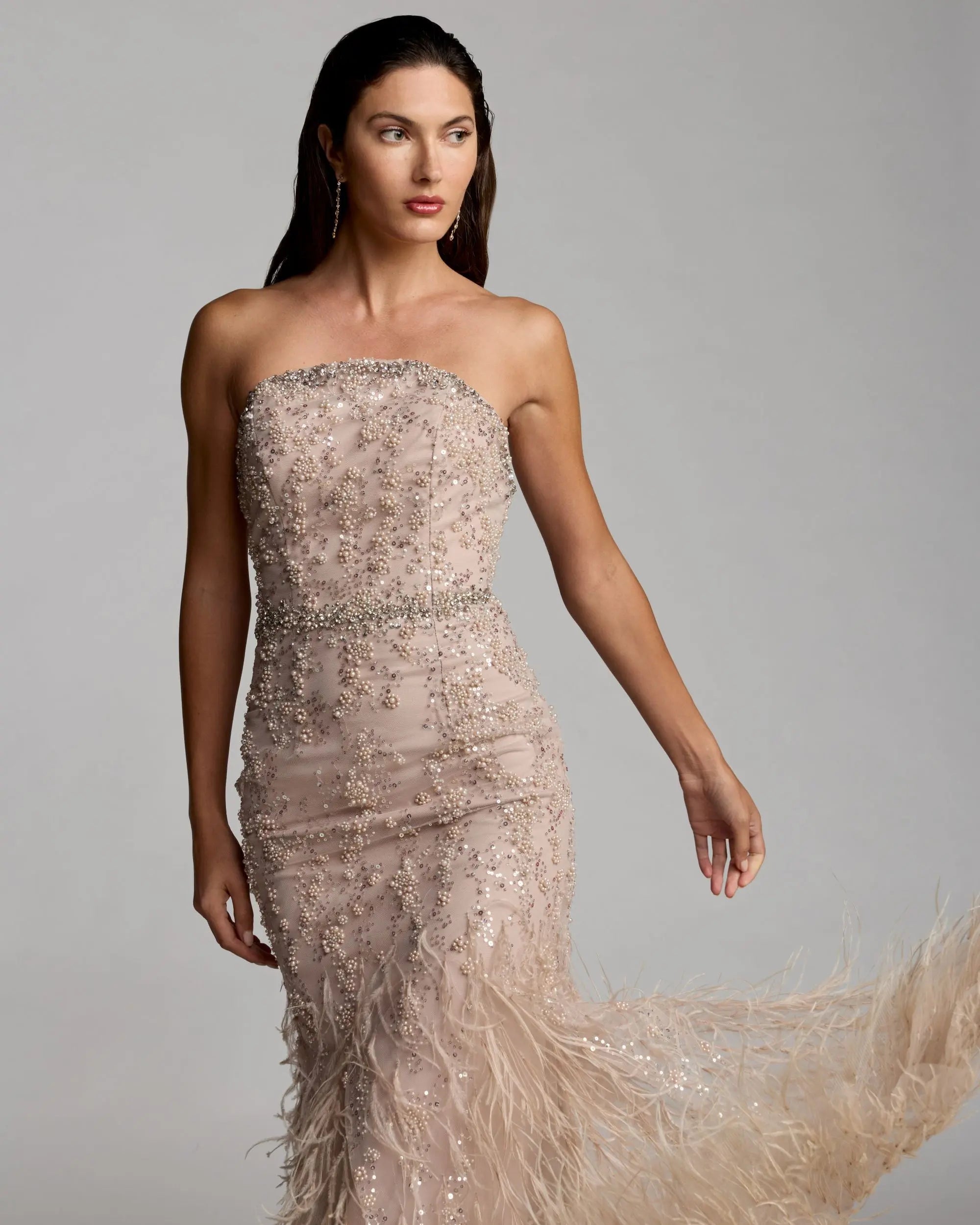 Beige Strapless Embellished Mermaid Gown With Feather Hem-Myartka