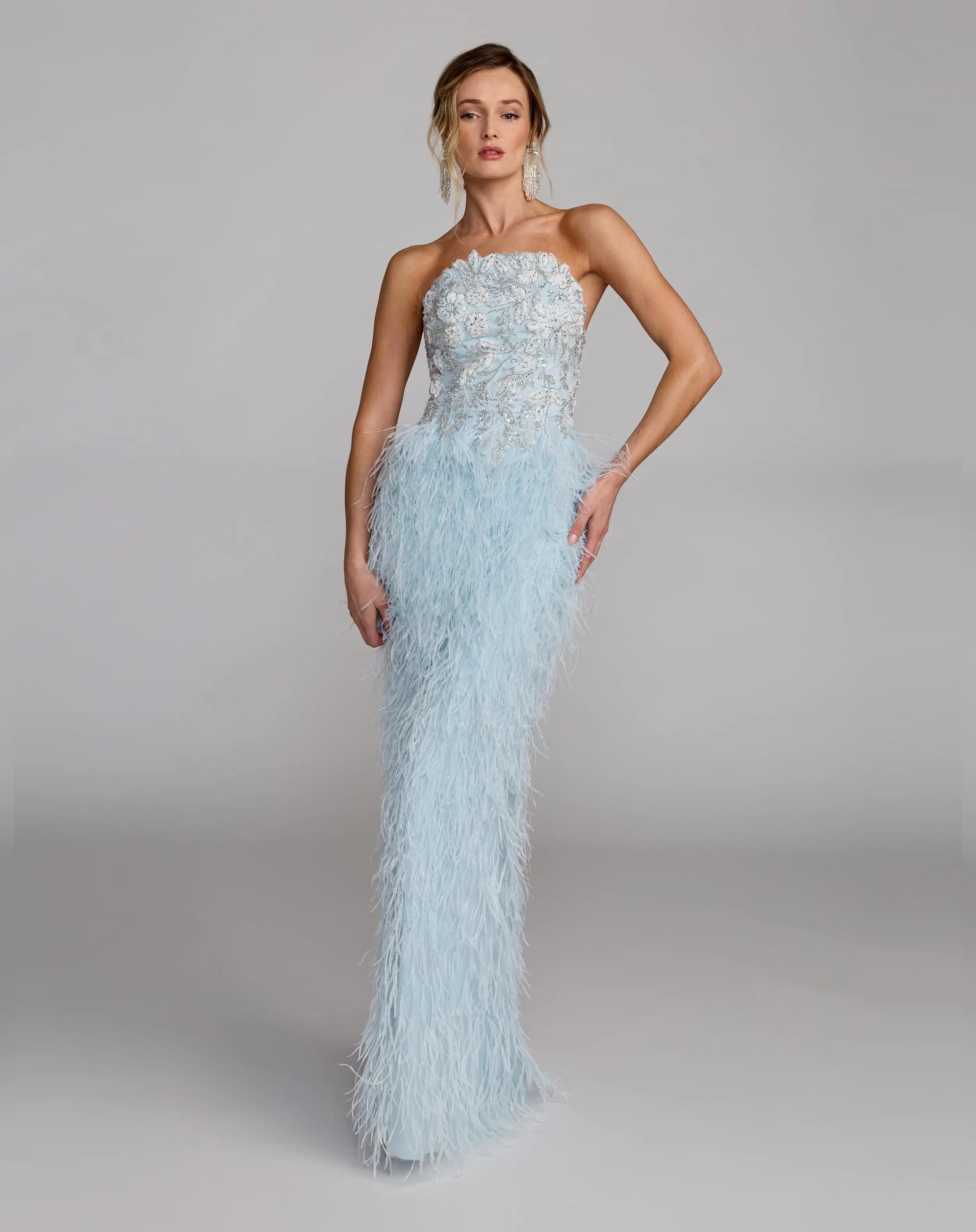 Blue Embellished Strapless Feather Gown-Myartka