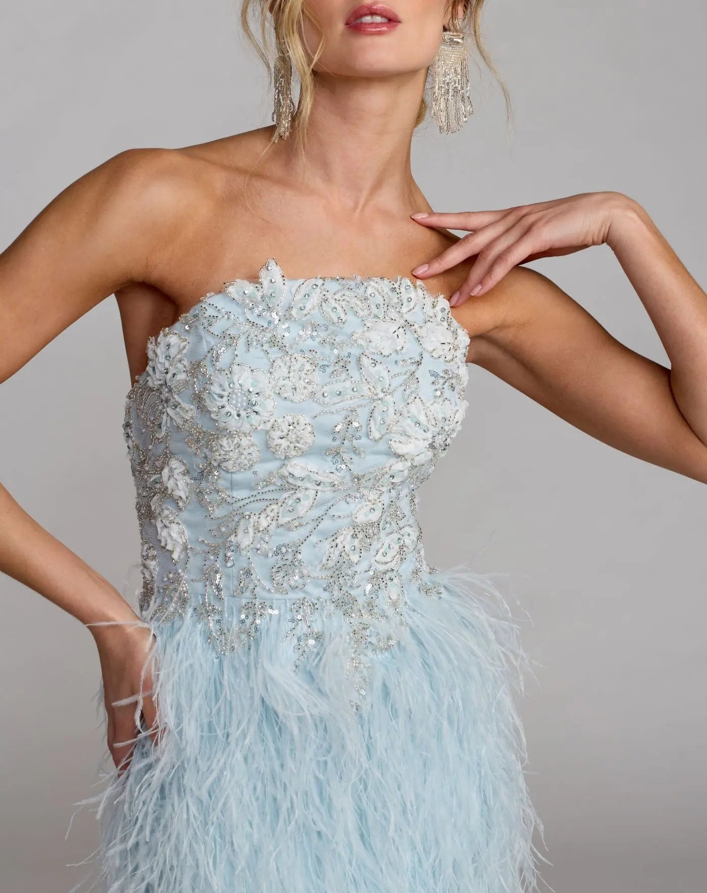Blue Embellished Strapless Feather Gown-Myartka