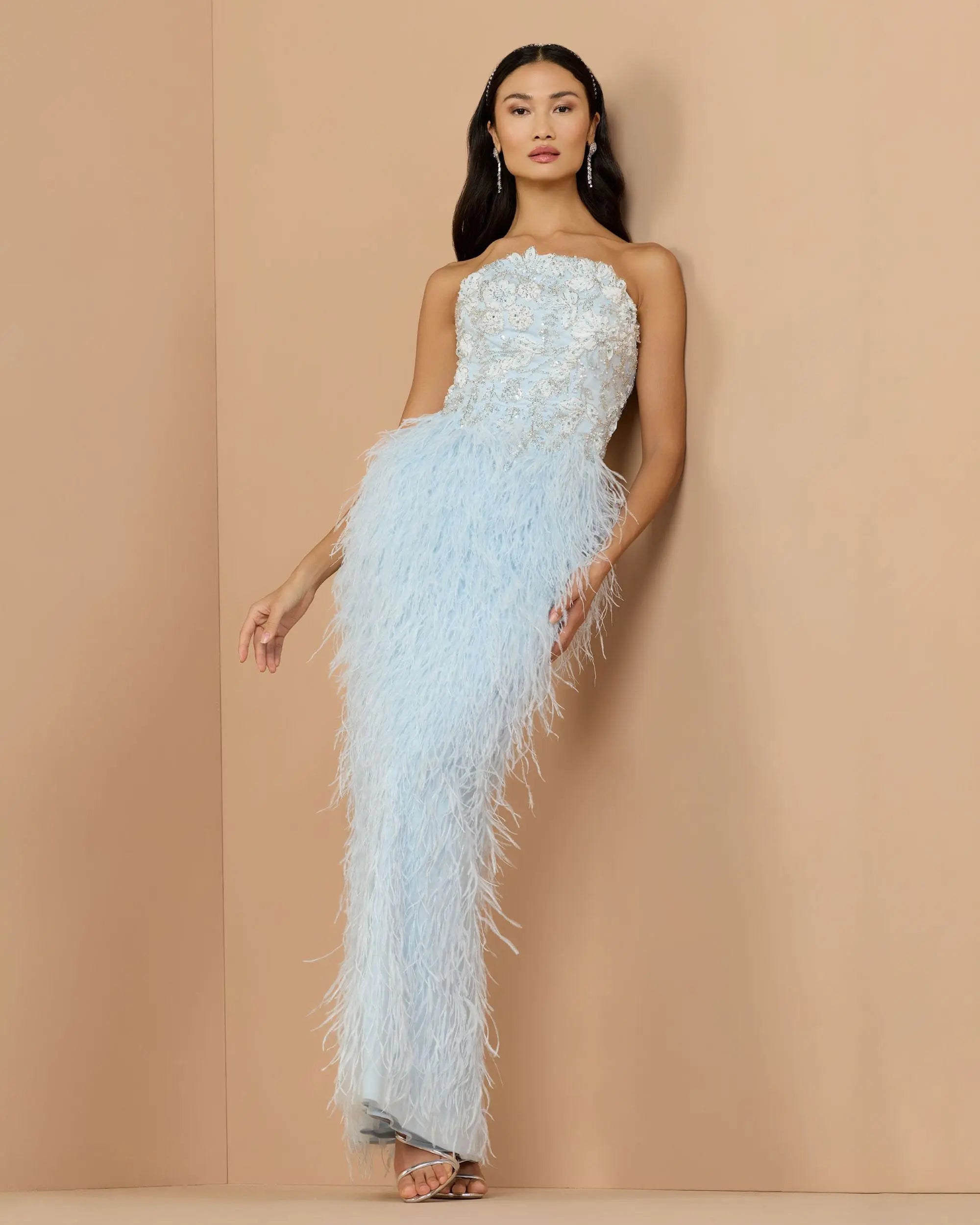 Blue Embellished Strapless Feather Gown-Myartka