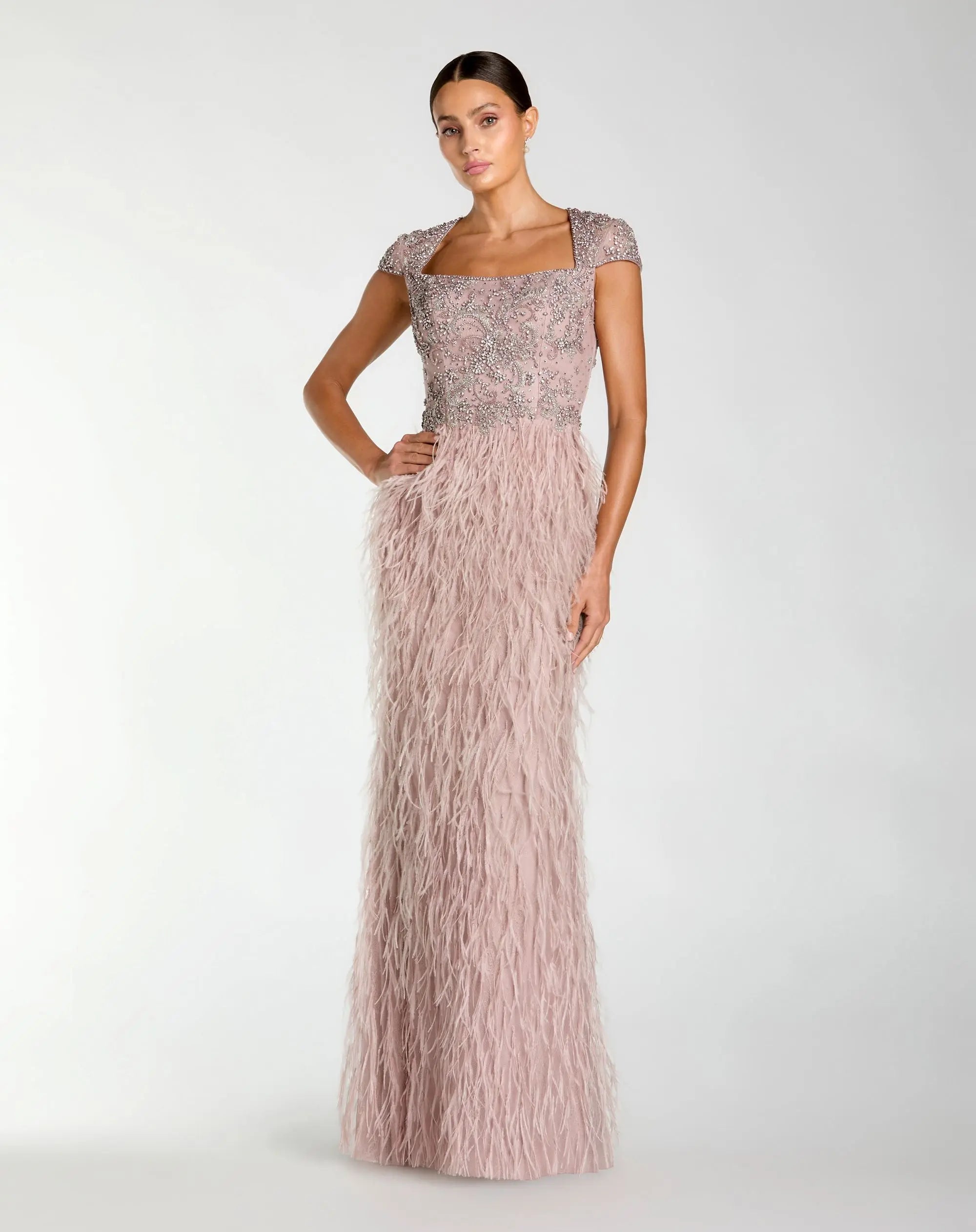 Pink Embellished Cap Sleeve Feather Gown-Myartka