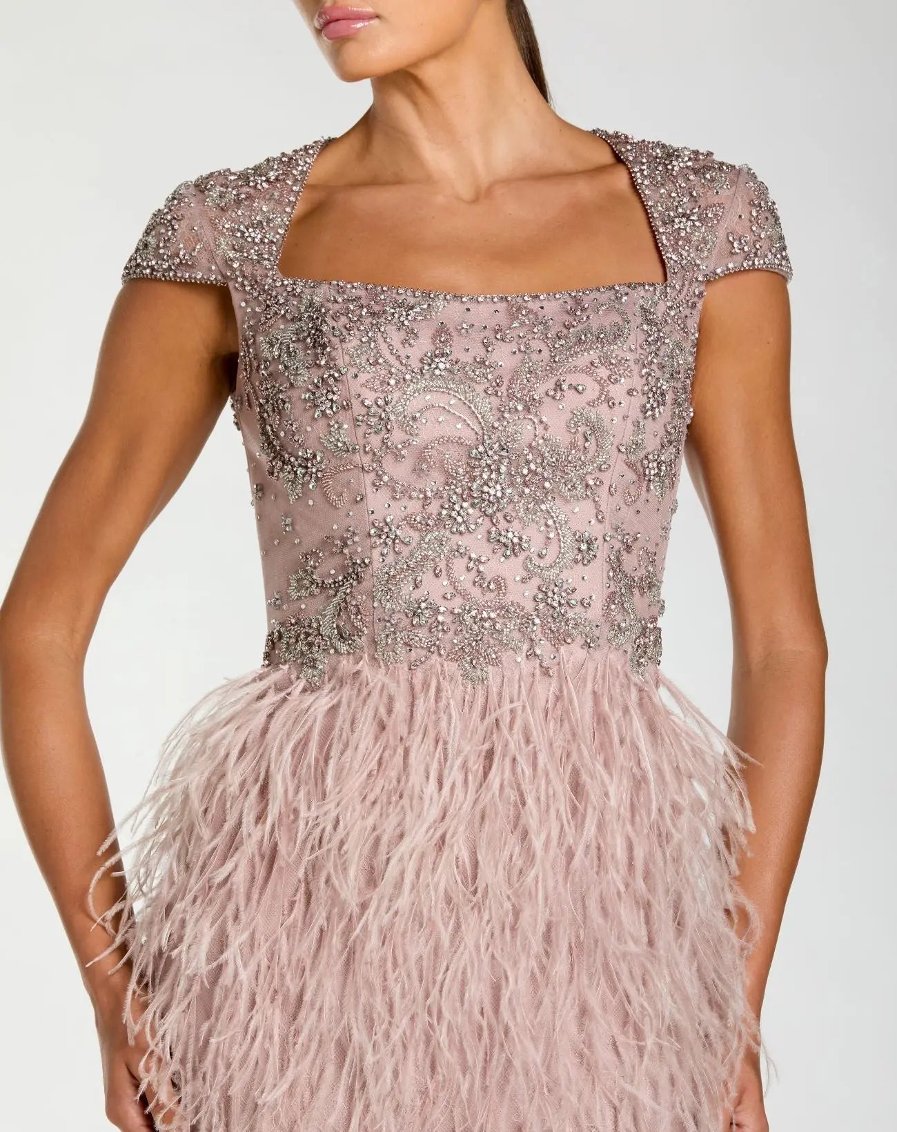 Pink Embellished Cap Sleeve Feather Gown-Myartka