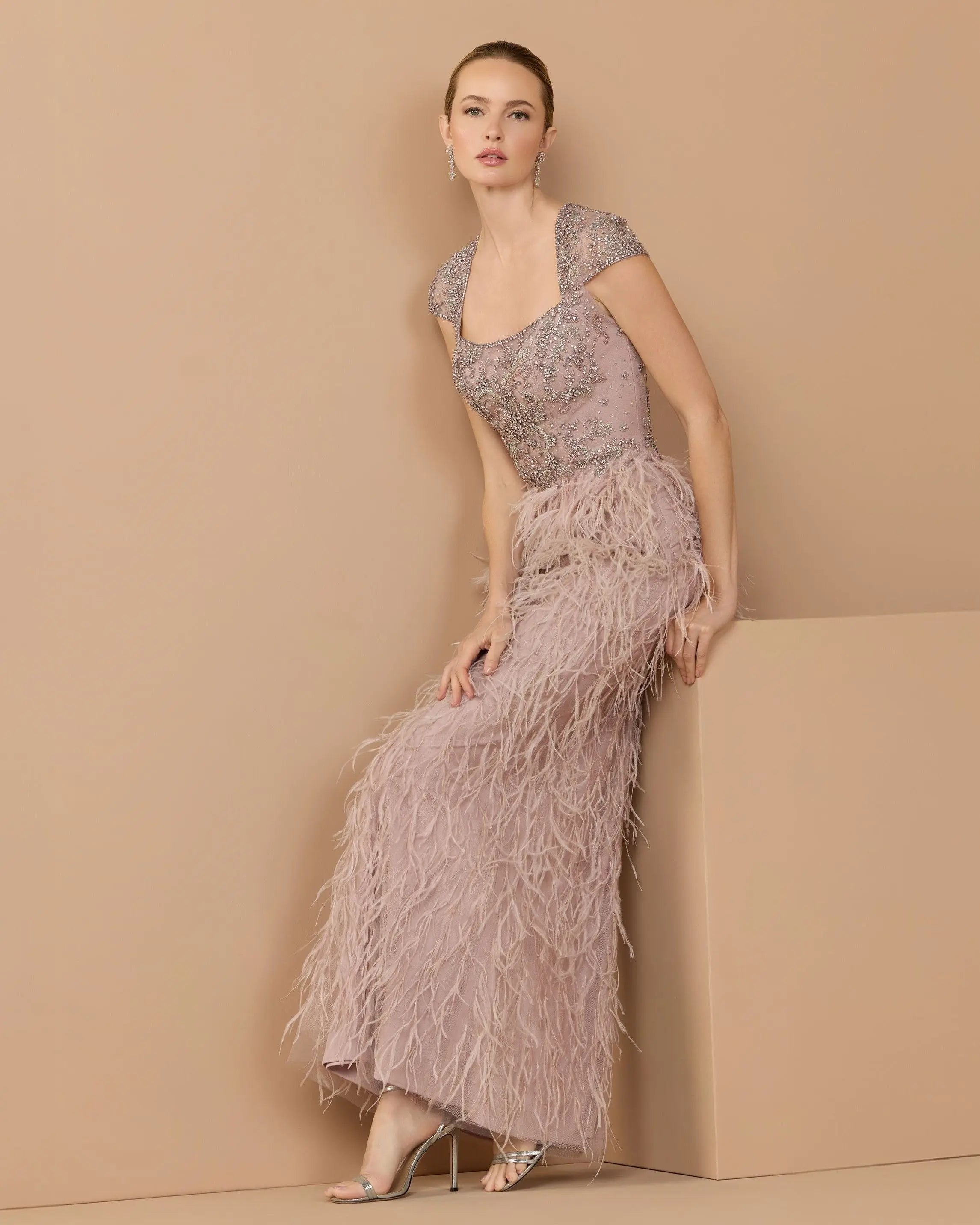 Pink Embellished Cap Sleeve Feather Gown-Myartka