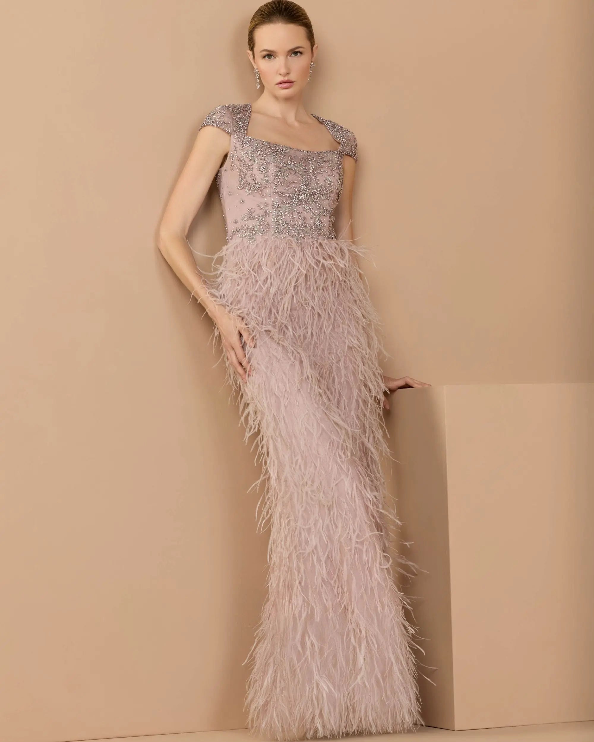 Pink Embellished Cap Sleeve Feather Gown-Myartka