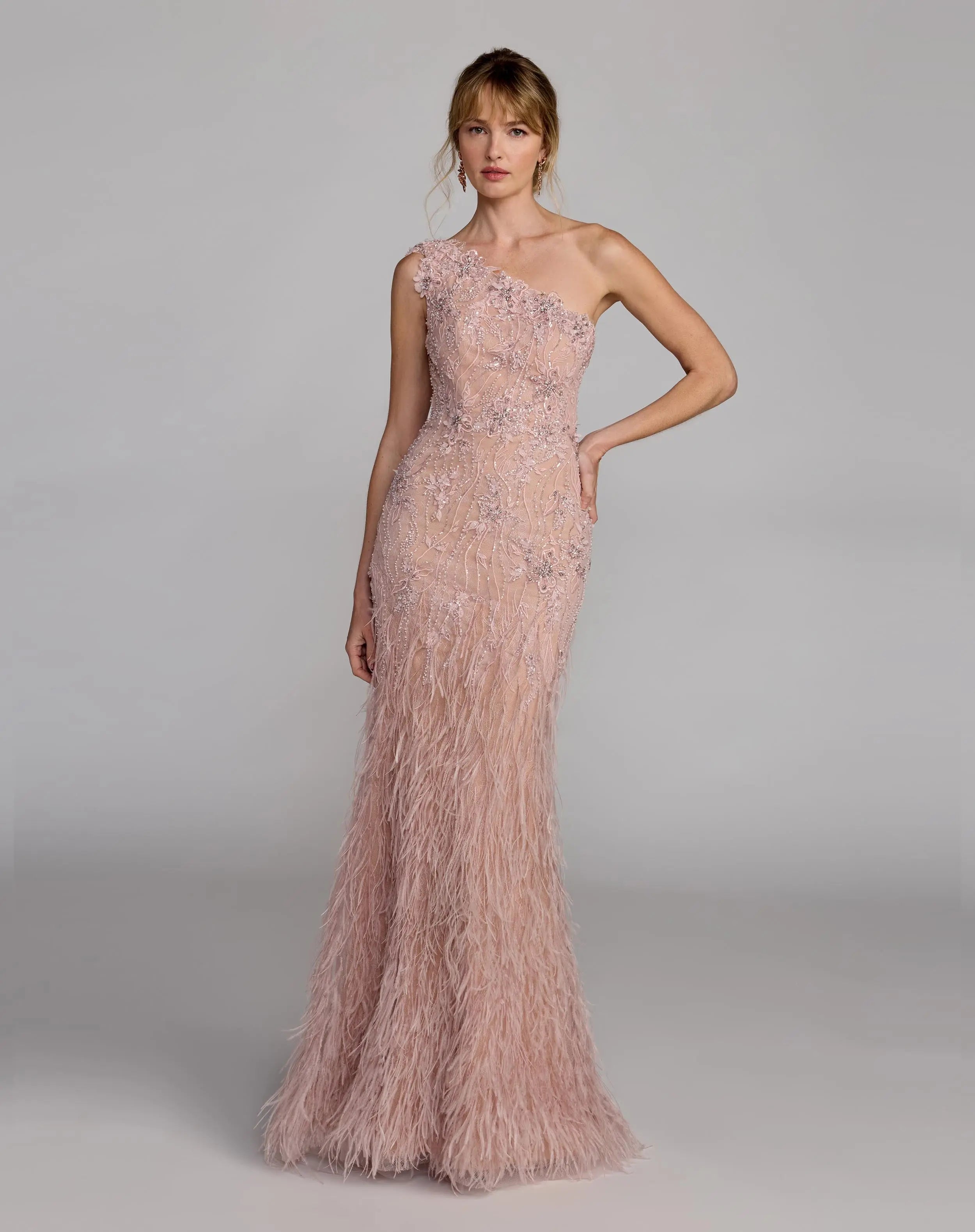 Pink Embellished Lace One Shoulder Feather Gown-Myartka