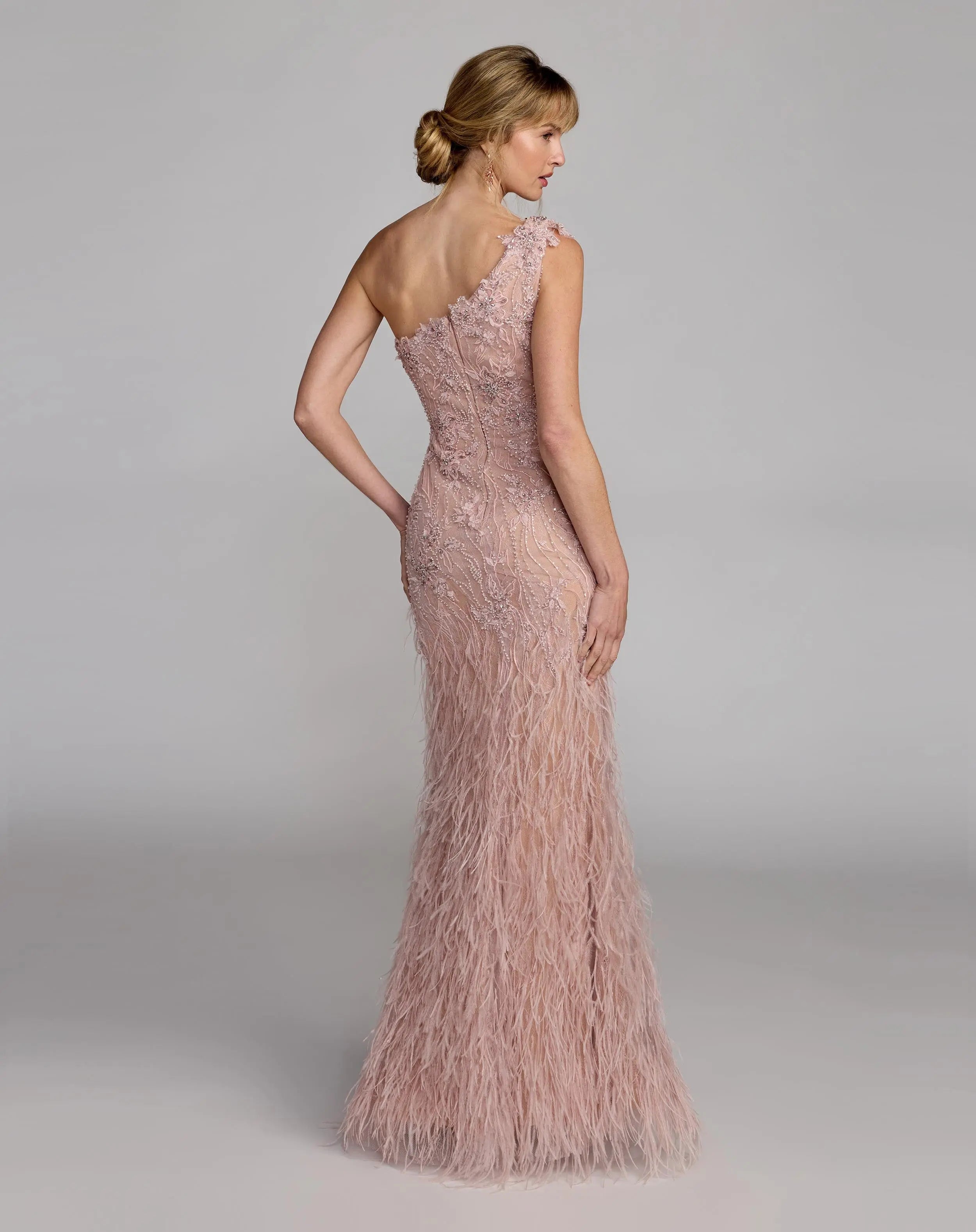 Pink Embellished Lace One Shoulder Feather Gown-Myartka