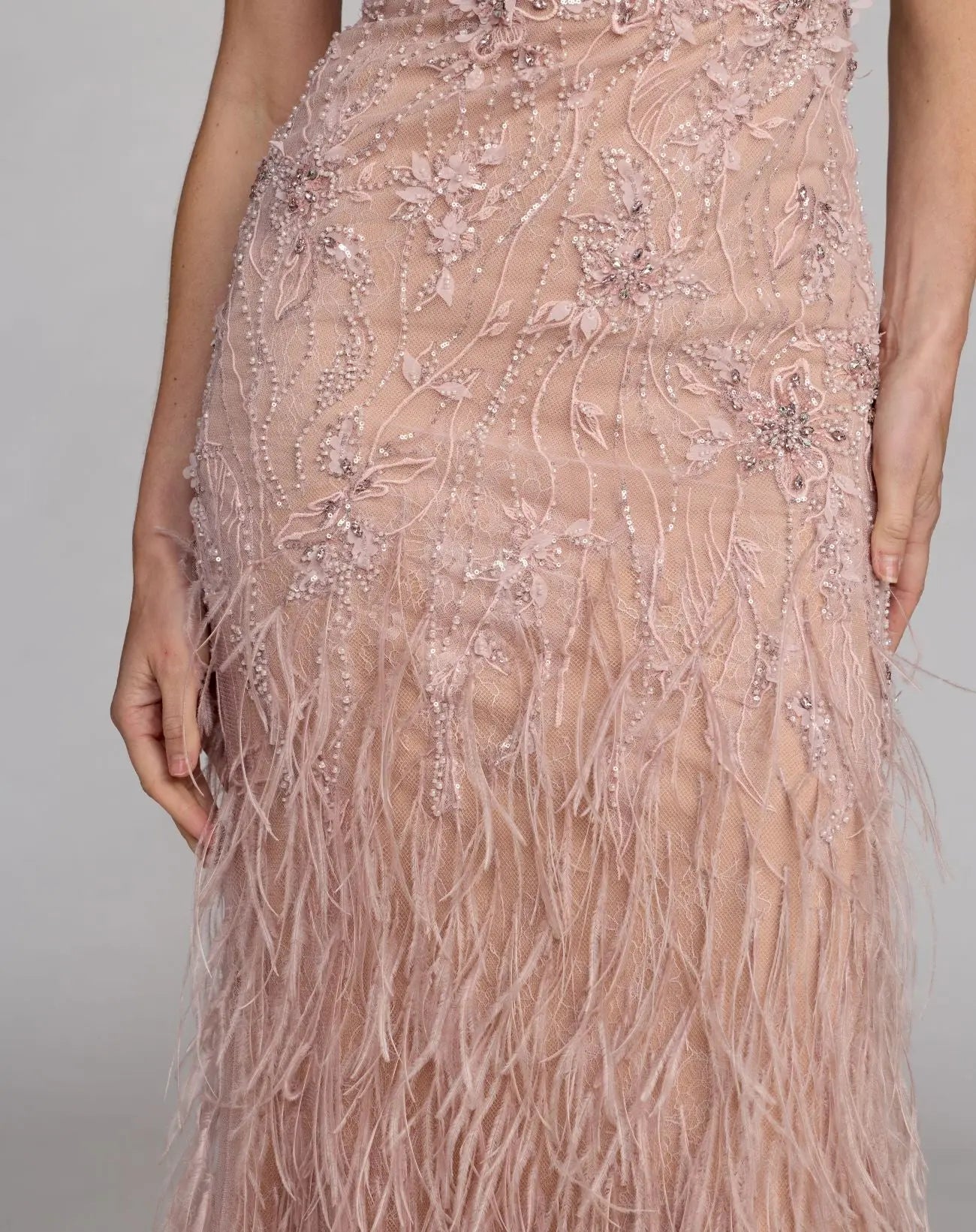 Pink Embellished Lace One Shoulder Feather Gown-Myartka