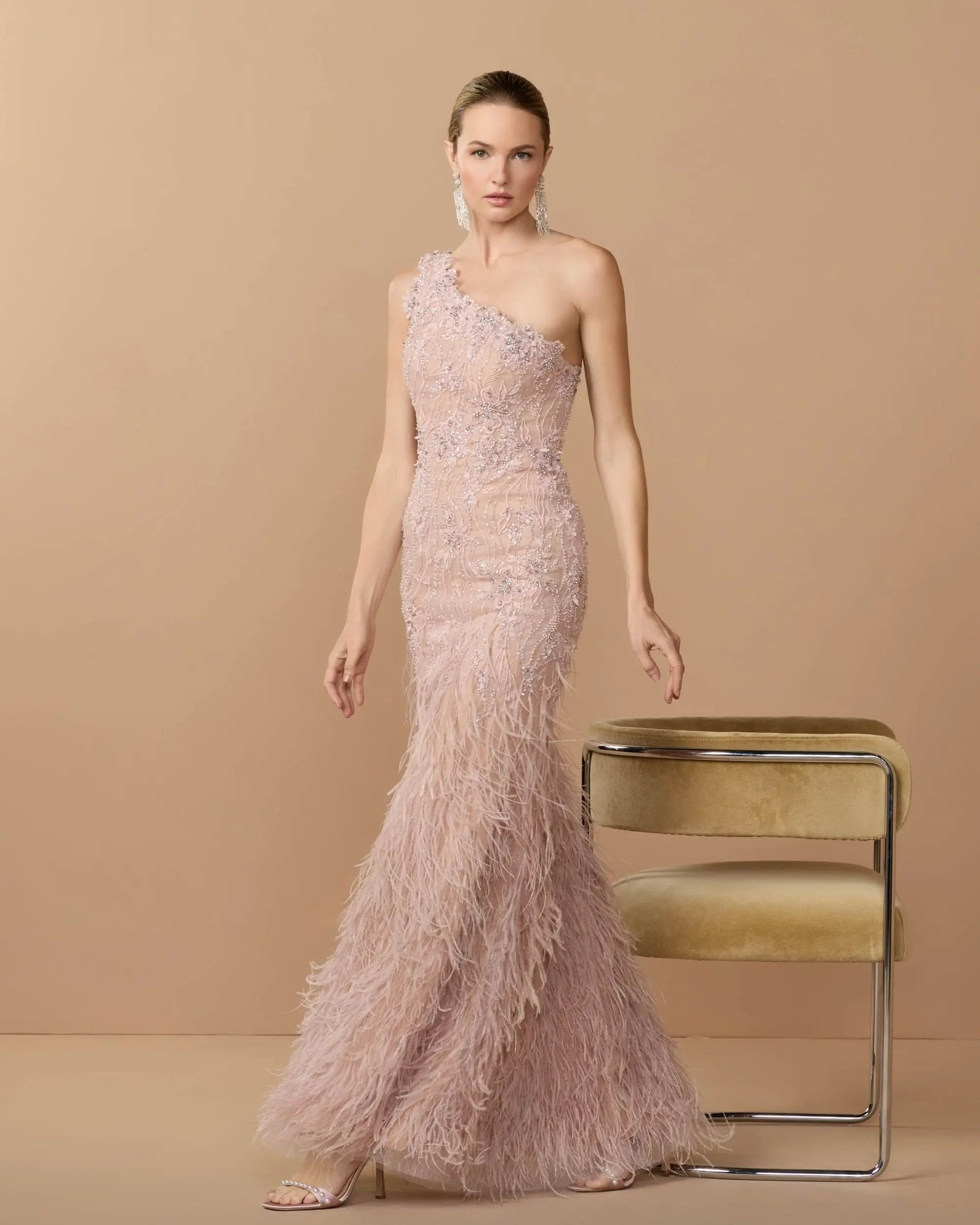Pink Embellished Lace One Shoulder Feather Gown-Myartka