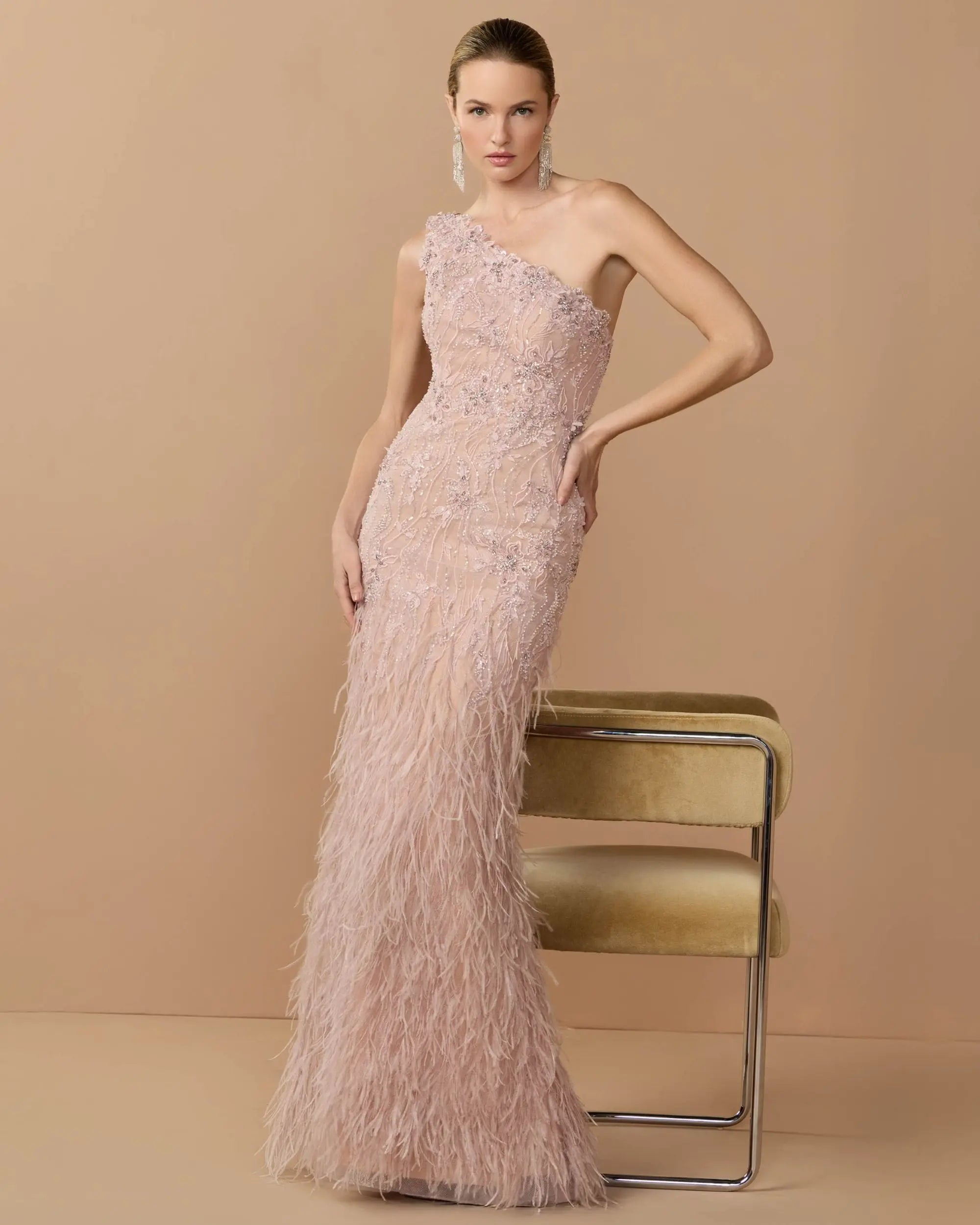 Pink Embellished Lace One Shoulder Feather Gown-Myartka