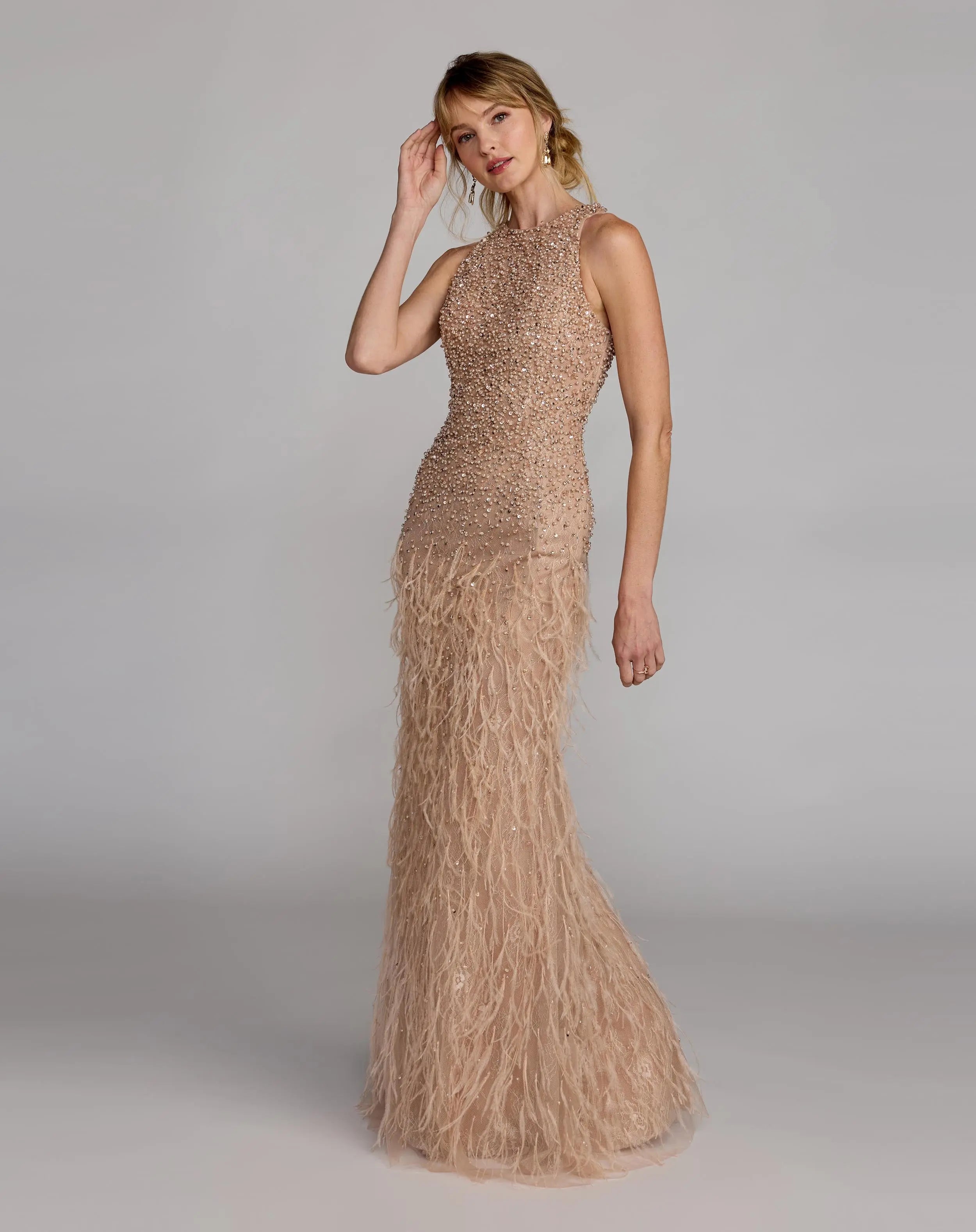 Beige Embellished Lace Sleeveless Feather Gown-Myartka
