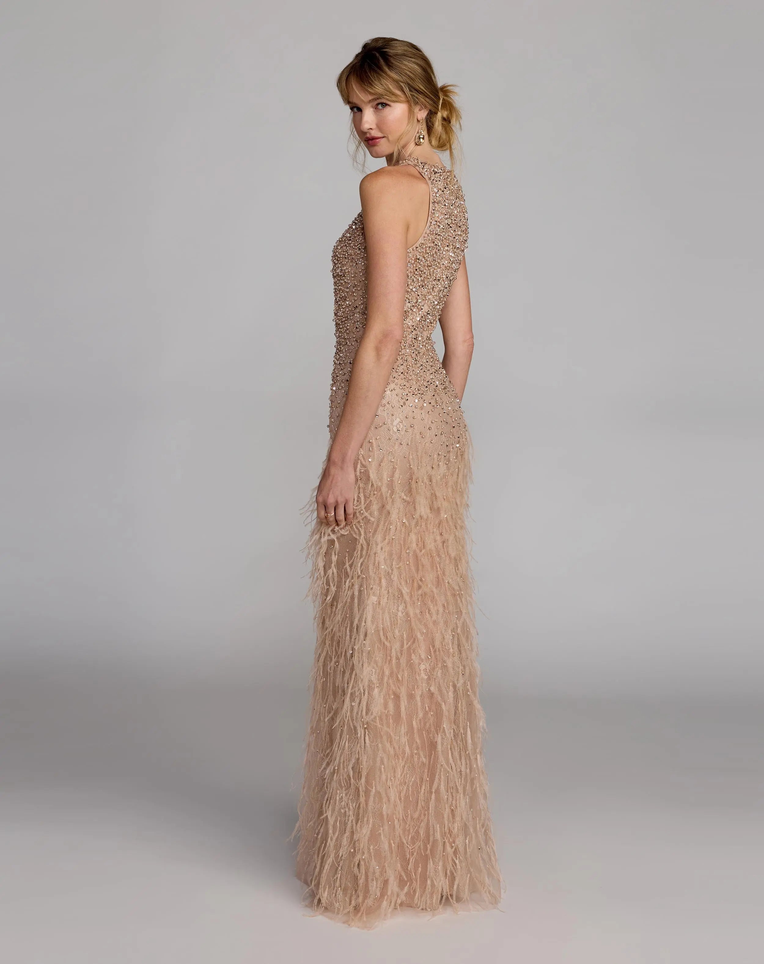 Beige Embellished Lace Sleeveless Feather Gown-Myartka