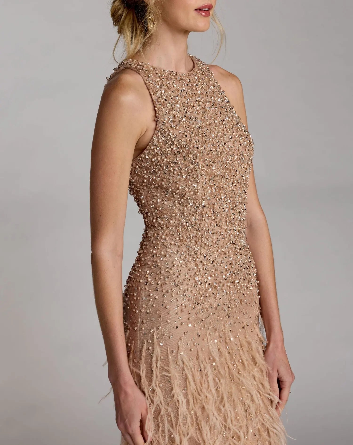 Beige Embellished Lace Sleeveless Feather Gown-Myartka