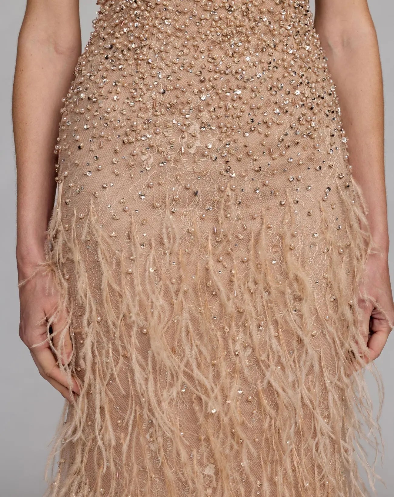 Beige Embellished Lace Sleeveless Feather Gown-Myartka