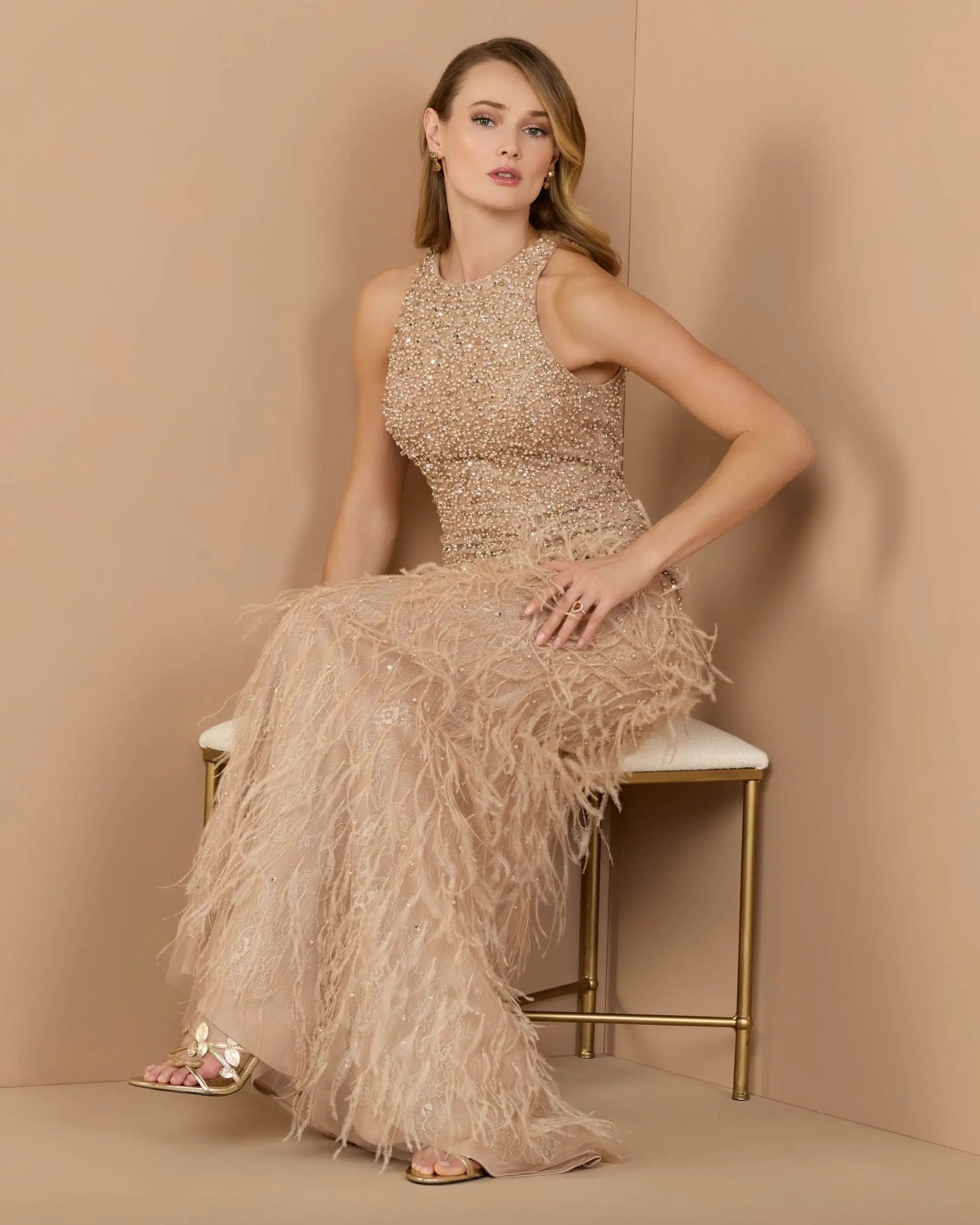 Beige Embellished Lace Sleeveless Feather Gown-Myartka