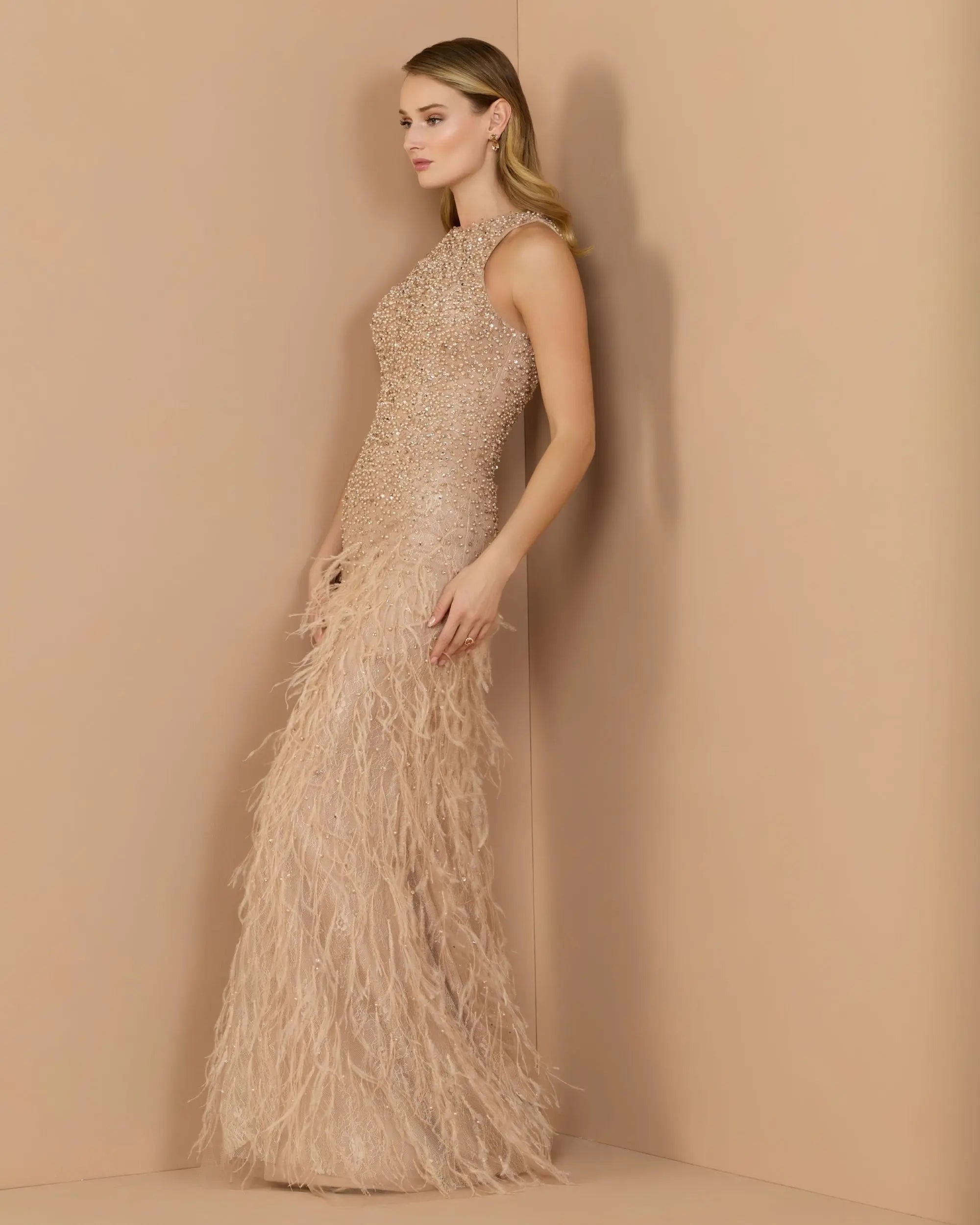 Beige Embellished Lace Sleeveless Feather Gown-Myartka