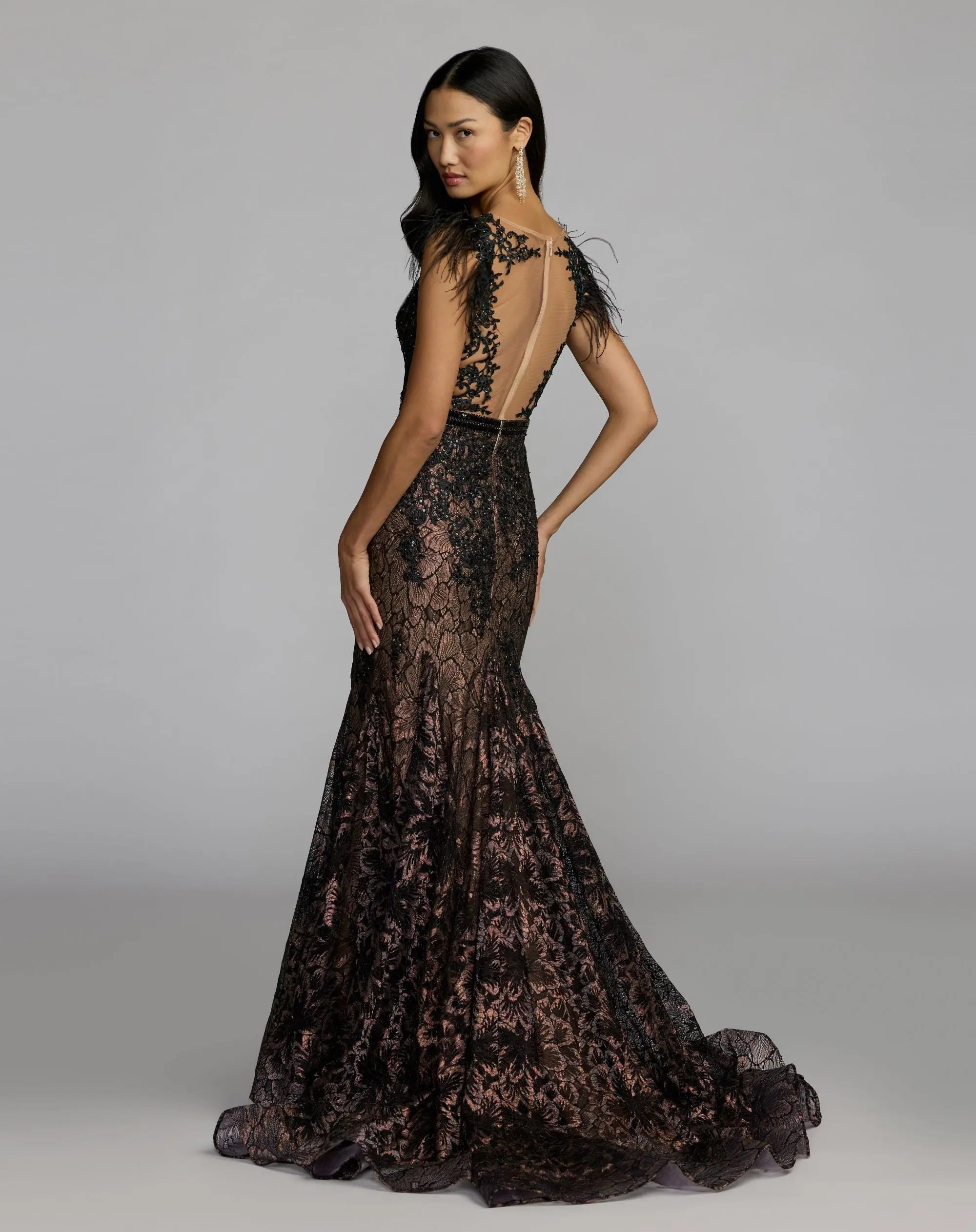 Black Embellished Lace High Neck Gown With Feather Sleeves-Myartka