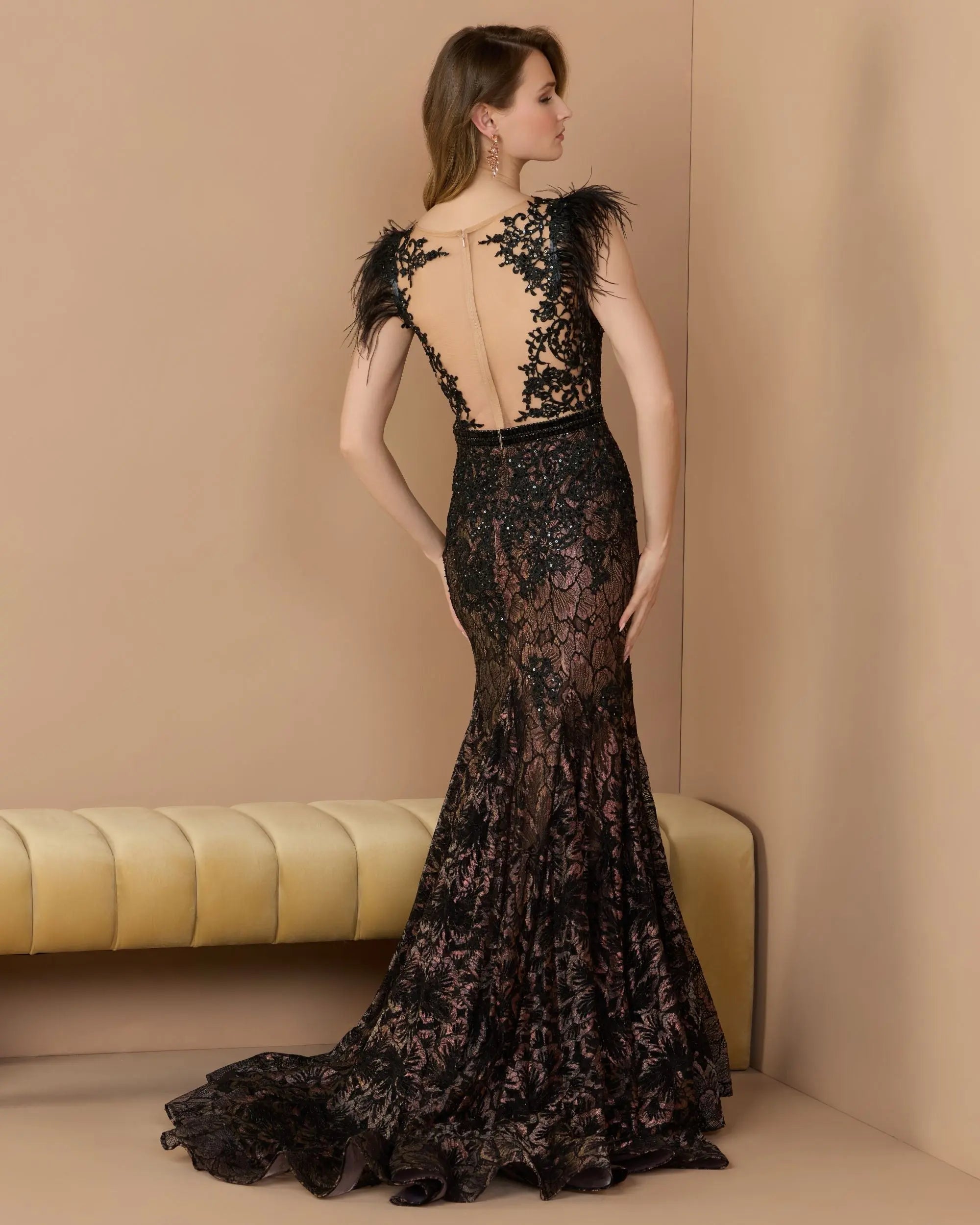 Black Embellished Lace High Neck Gown With Feather Sleeves-Myartka