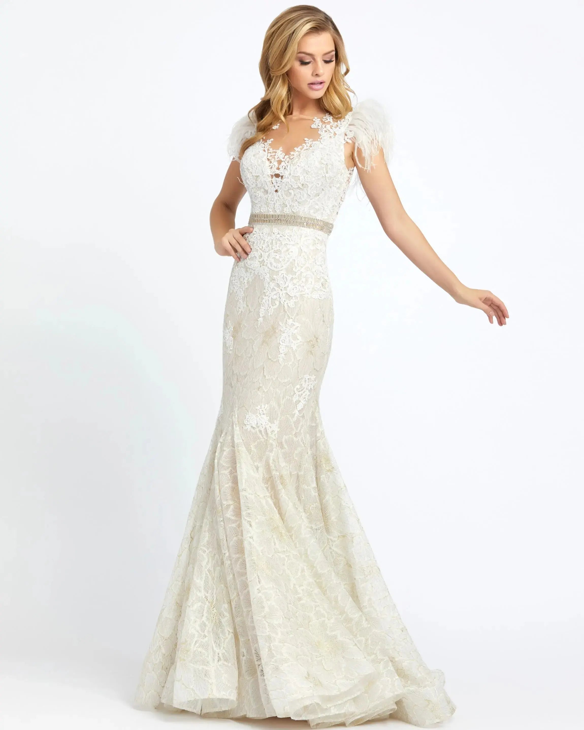 Embellished Feather Cap Sleeve Illusion Neck Trumpet Gown-Myartka
