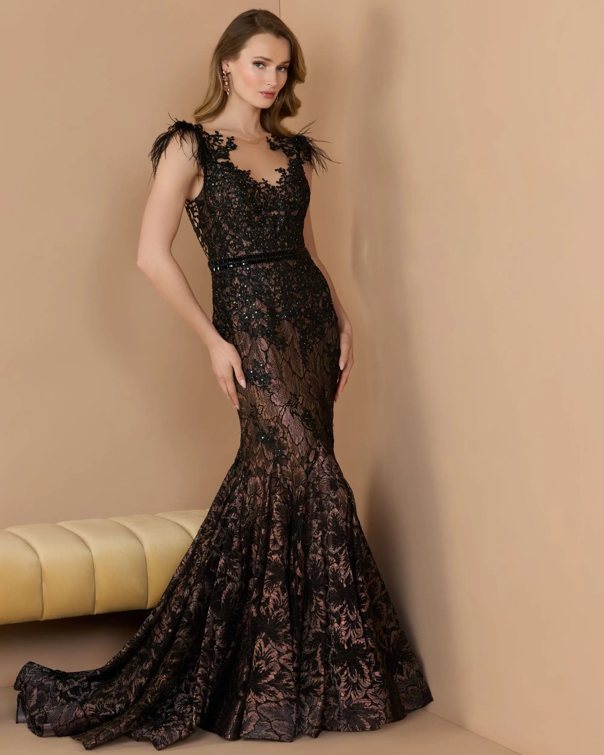 Black Embellished Lace High Neck Gown With Feather Sleeves-Myartka