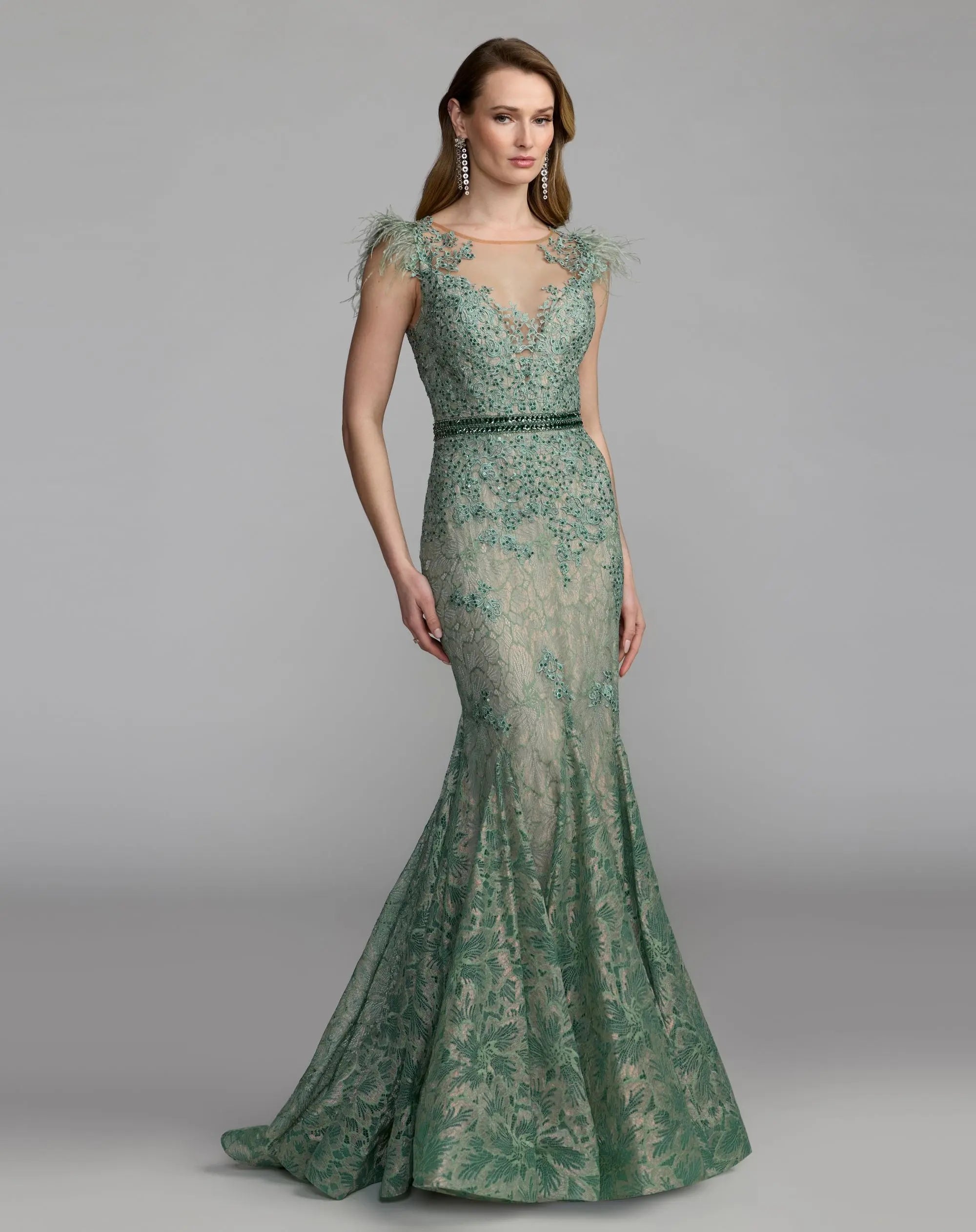 Green Embellished Lace High Neck Gown With Feather Sleeves-Myartka
