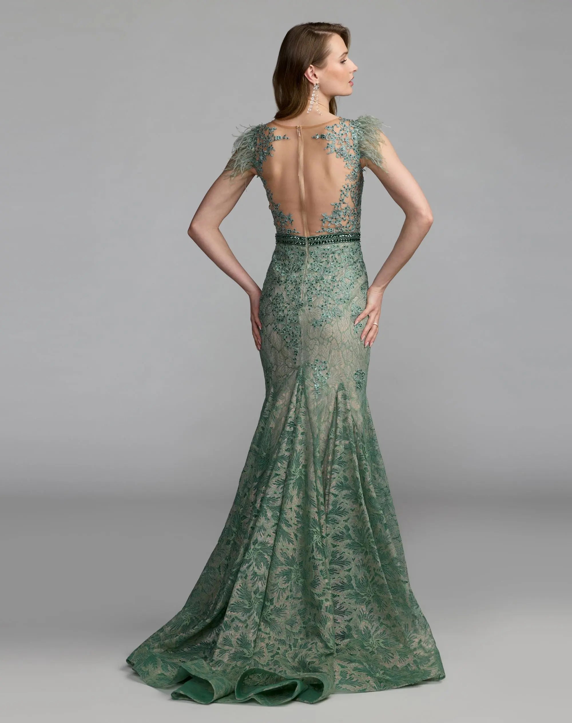 Green Embellished Lace High Neck Gown With Feather Sleeves-Myartka