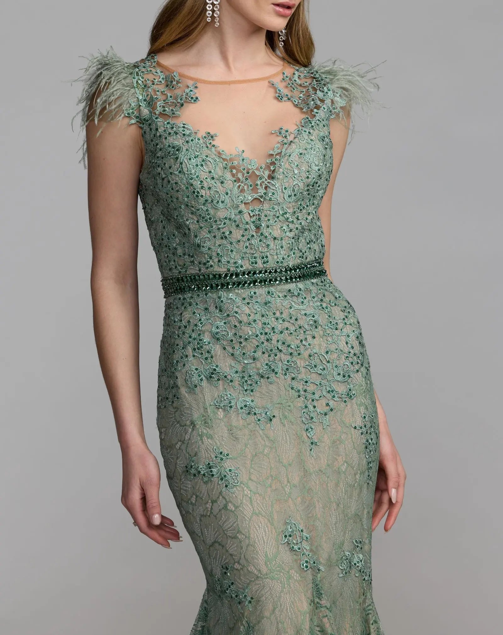 Green Embellished Lace High Neck Gown With Feather Sleeves-Myartka