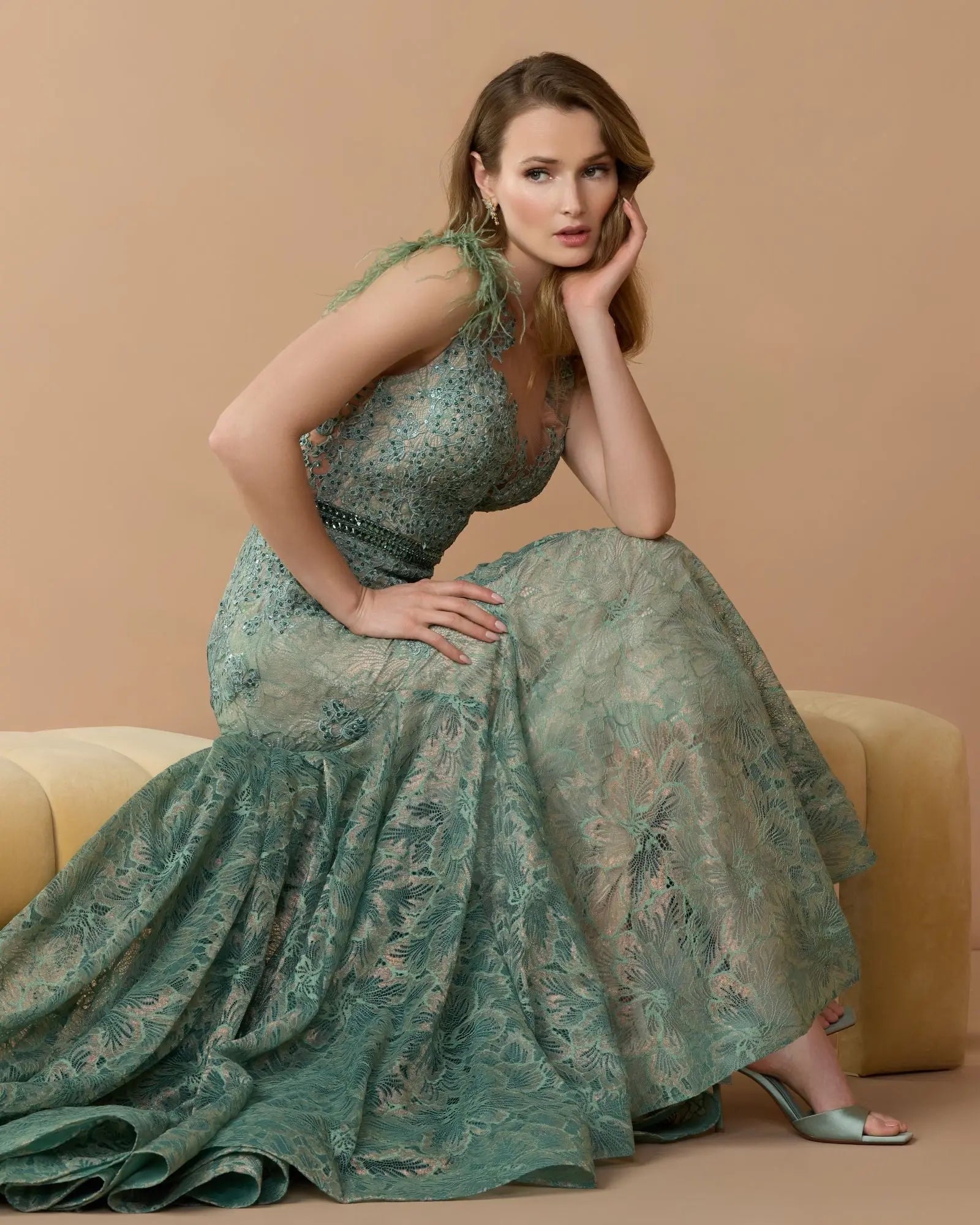 Green Embellished Lace High Neck Gown With Feather Sleeves-Myartka