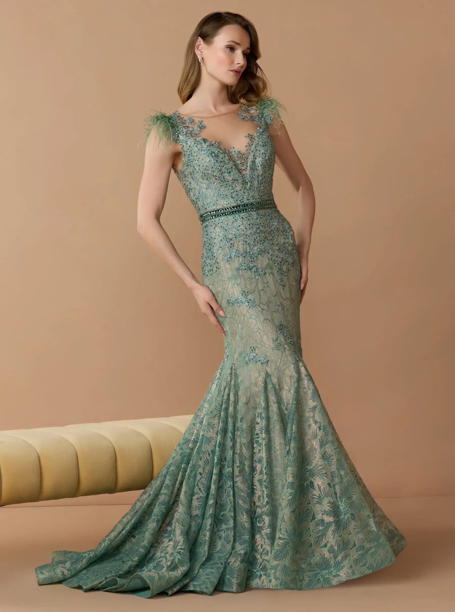 Green Embellished Lace High Neck Gown With Feather Sleeves-Myartka