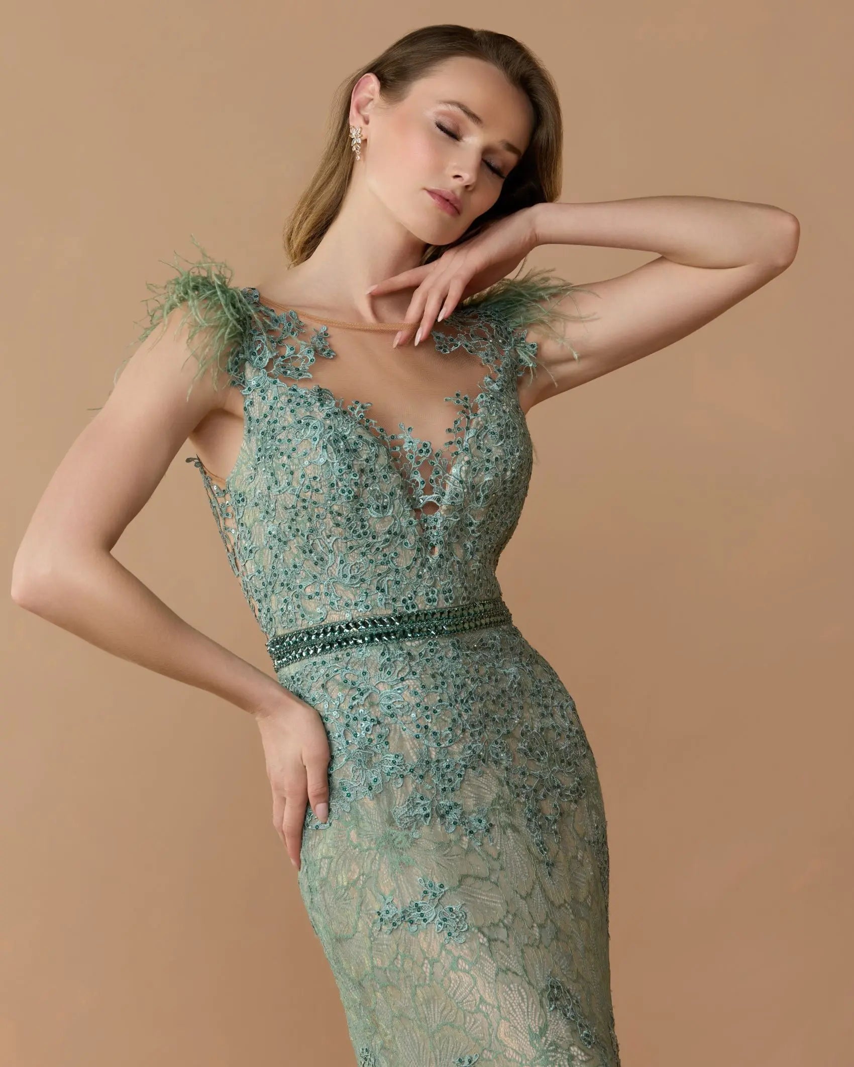 Green Embellished Lace High Neck Gown With Feather Sleeves-Myartka