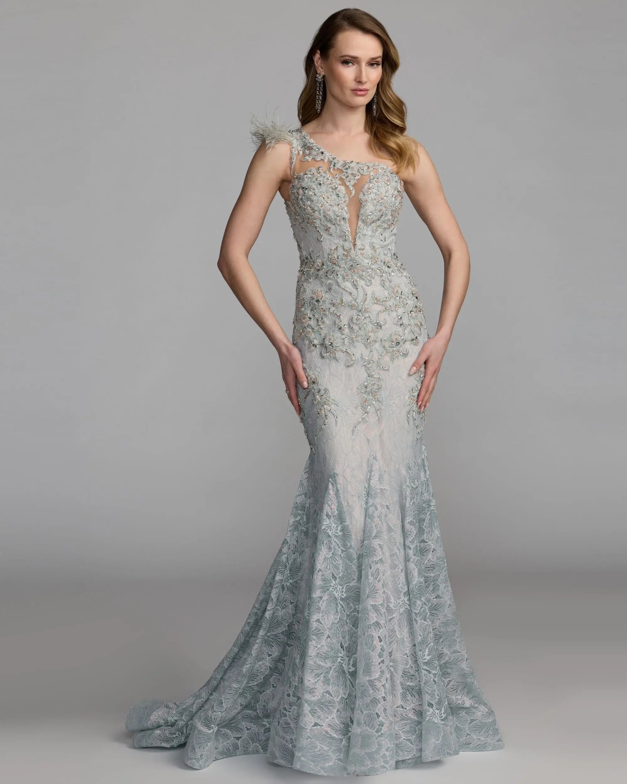 Blue Embellished Lace One Shoulder Gown With Feather Detail-Myartka